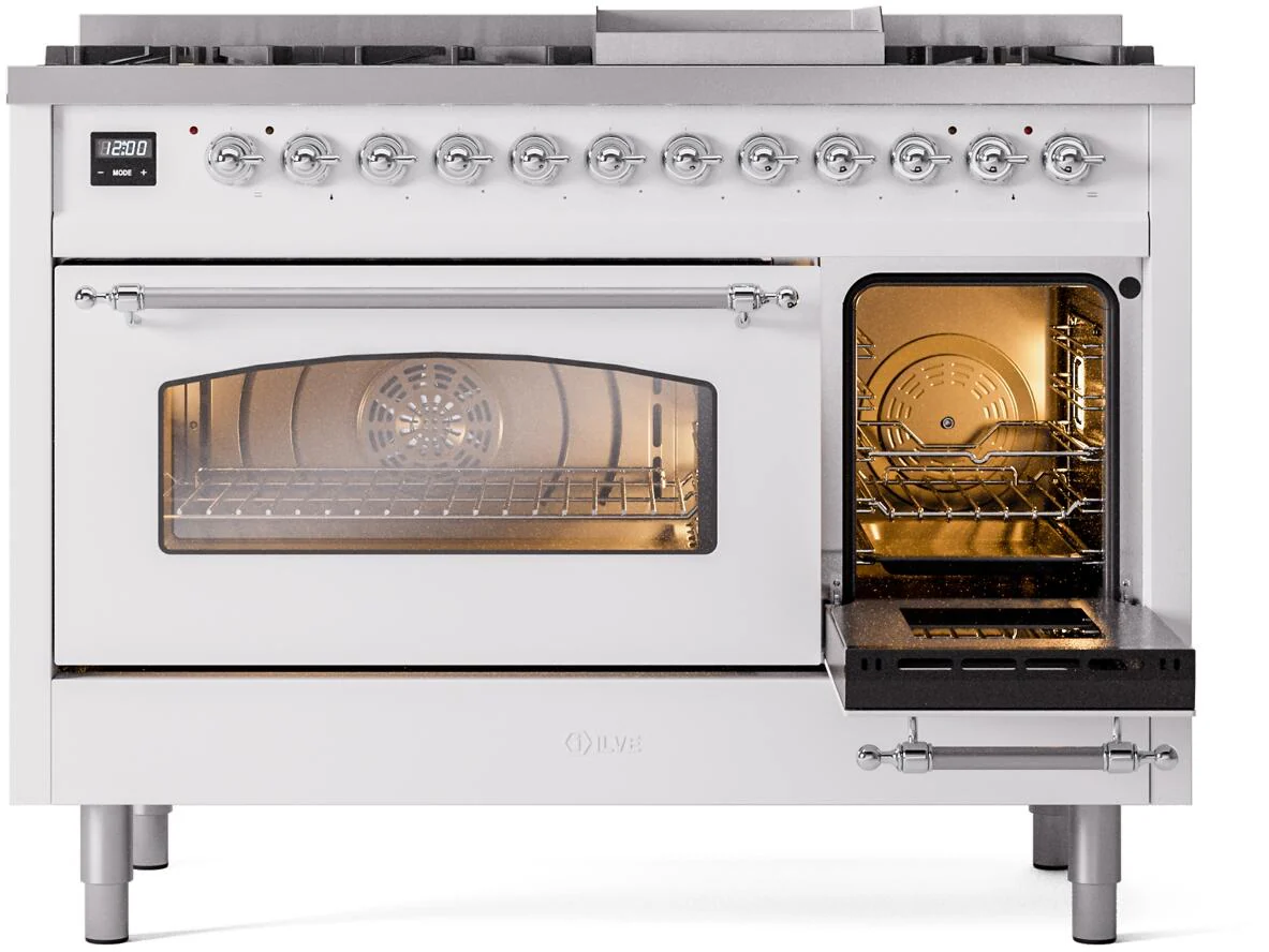 ILVE Nostalgie II 48-Inch Freestanding Natural Gas Dual Fuel Range in White with Chrome Trim (UP48FNMPWHC) - Image 5