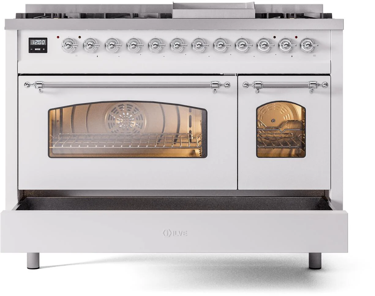 ILVE Nostalgie II 48-Inch Freestanding Natural Gas Dual Fuel Range in White with Chrome Trim (UP48FNMPWHC) - Image 6