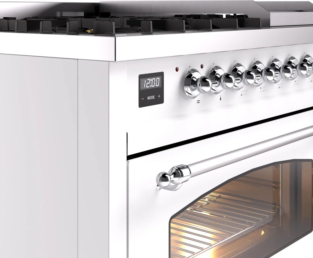 ILVE Nostalgie II 48-Inch Freestanding Natural Gas Dual Fuel Range in White with Chrome Trim (UP48FNMPWHC) - Image 7