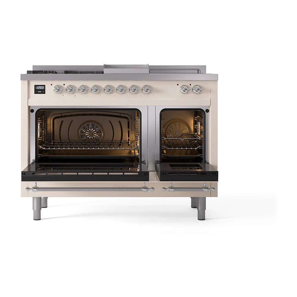 ILVE Nostalgie II 48-Inch Natural Gas Dual Fuel Range with 5 Burners, Griddle, & French Top, with Solid Door Oven in Antique White with Chrome Trim (UP48FSQNMPAWC) - Image 2