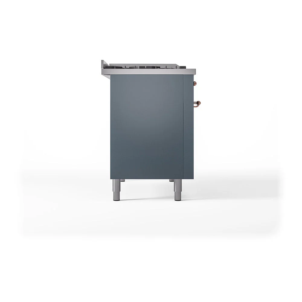 ILVE Nostalgie II 48-Inch Natural Gas Dual Fuel Range with 5 Burners, Griddle, & French Top, with Solid Door Oven in Blue Grey with Copper Trim (UP48FSQNMPBGP) - Image 3