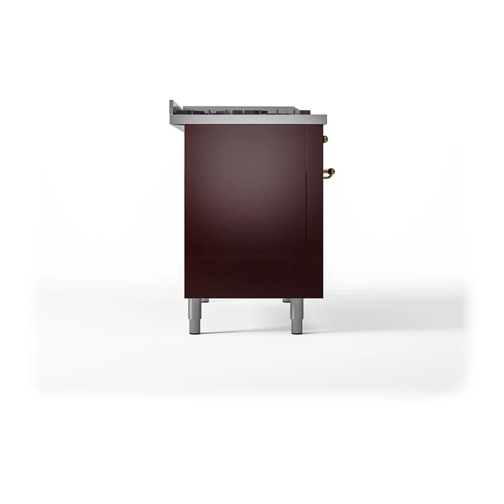 ILVE Nostalgie II 48-Inch Natural Gas Dual Fuel Range with 5 Burners, Griddle, & French Top, with Solid Door Oven in Burgundy with Brass Trim (UP48FSQNMPBUG) - Image 4