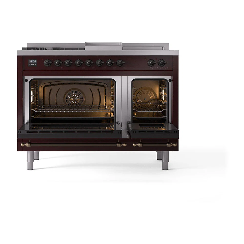 ILVE Nostalgie II 48-Inch Natural Gas Dual Fuel Range with 5 Burners, Griddle, & French Top, with Solid Door Oven in Burgundy with Bronze Trim (UP48FSQNMPBUB) - Image 2