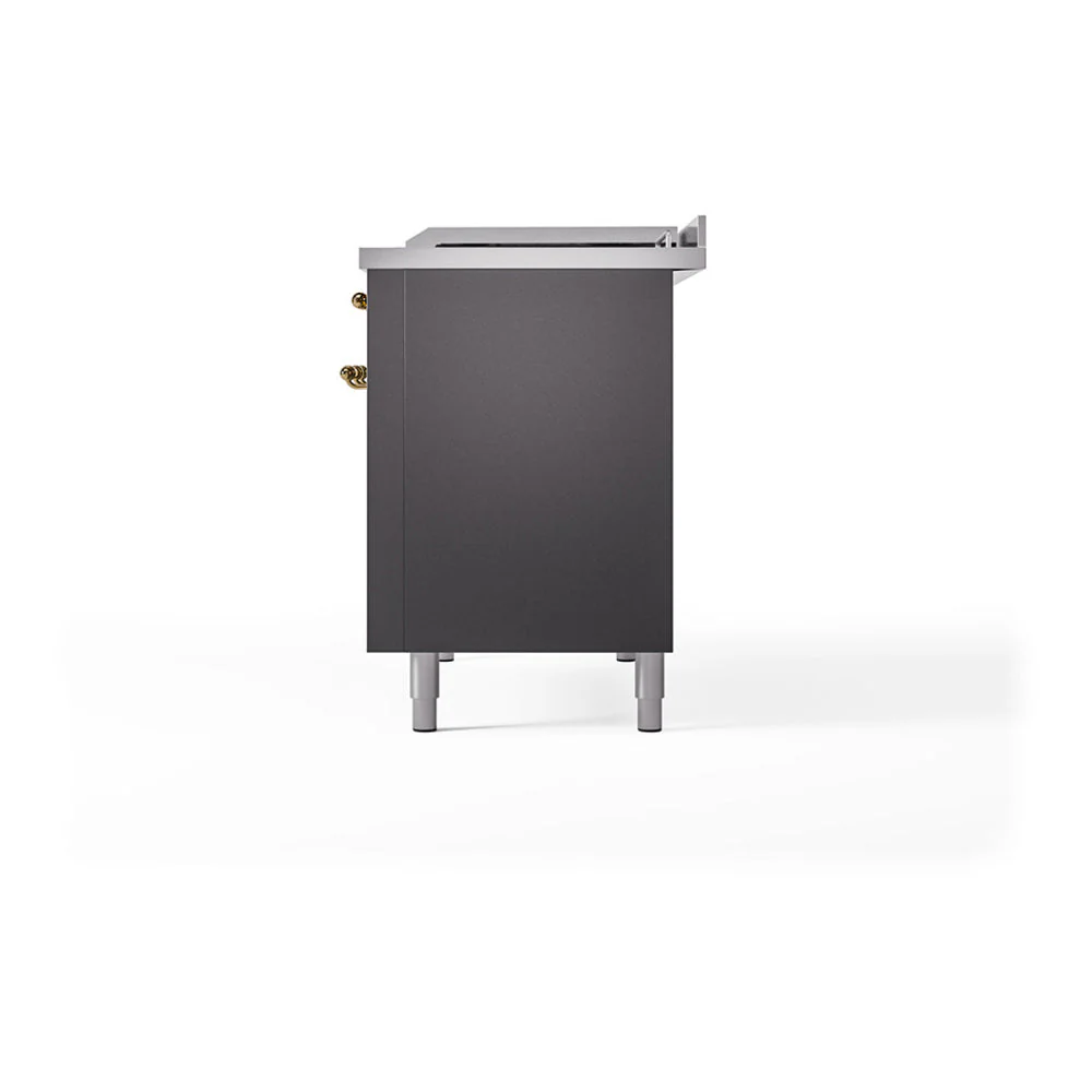 ILVE Nostalgie II 48-Inch Natural Gas Dual Fuel Range with 5 Burners, Griddle, & French Top, with Solid Door Oven in Matte Graphite with Brass Trim (UP48FSQNMPMGG) - Image 5