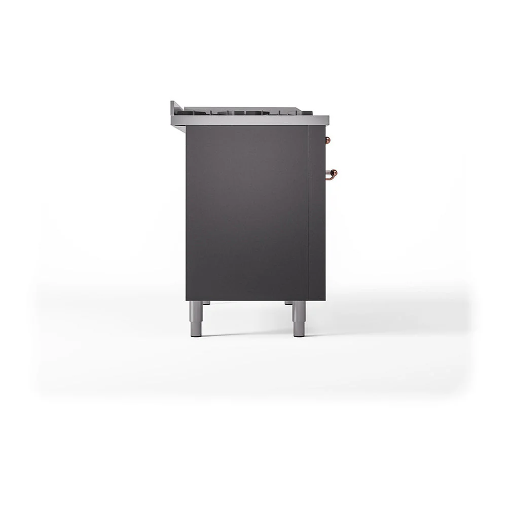 ILVE Nostalgie II 48-Inch Natural Gas Dual Fuel Range with 5 Burners, Griddle, & French Top, with Solid Door Oven in Matte Graphite with Copper Trim (UP48FSQNMPMGP) - Image 4