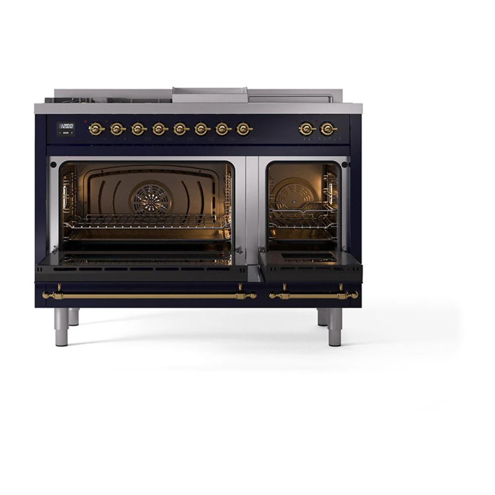 ILVE Nostalgie II 48-Inch Natural Gas Dual Fuel Range with 5 Burners, Griddle, & French Top, with Solid Door Oven in Midnight Blue with Brass Trim (UP48FSQNMPMBG) - Image 2