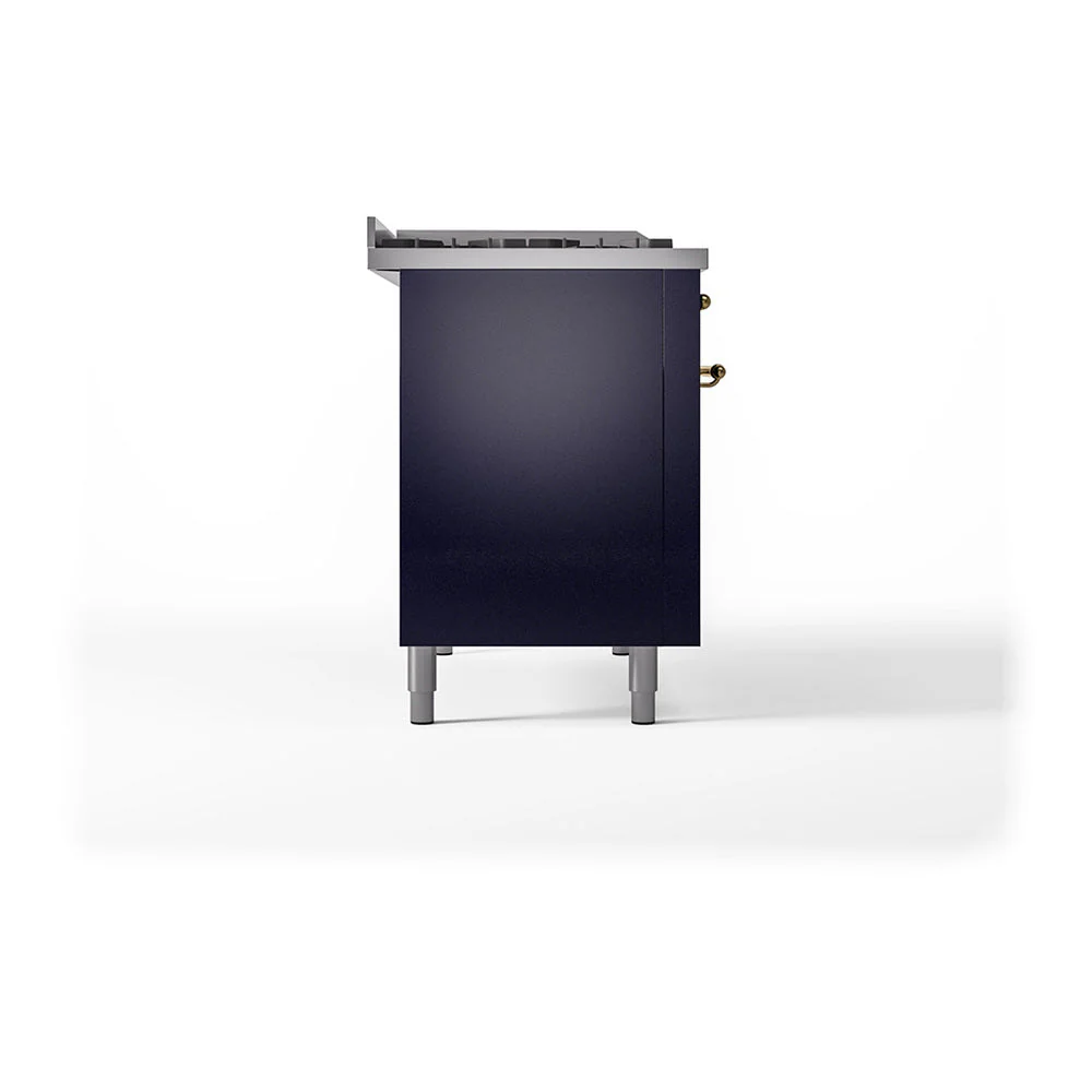 ILVE Nostalgie II 48-Inch Natural Gas Dual Fuel Range with 5 Burners, Griddle, & French Top, with Solid Door Oven in Midnight Blue with Brass Trim (UP48FSQNMPMBG) - Image 4