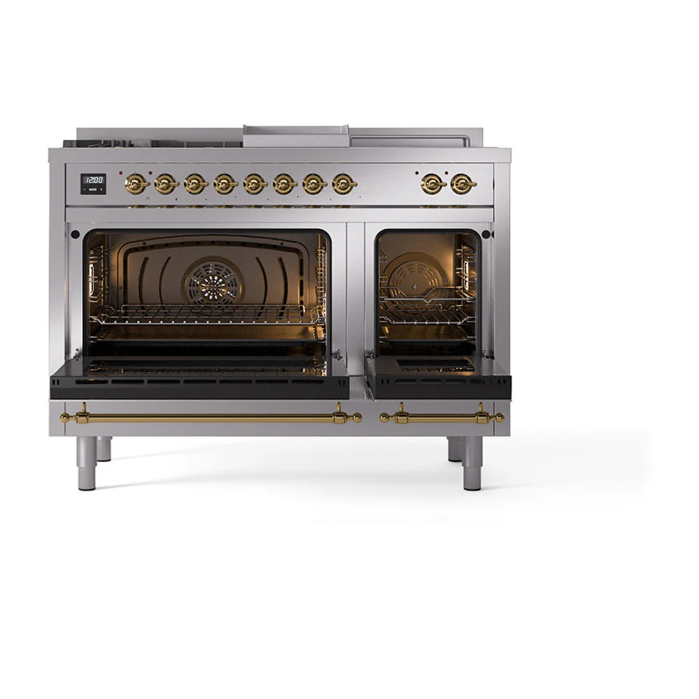 ILVE Nostalgie II 48-Inch Natural Gas Dual Fuel Range with 5 Burners, Griddle, & French Top, with Solid Door Oven in Stainless Steel with Brass Trim (UP48FSQNMPSSG) - Image 2
