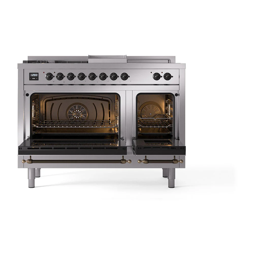 ILVE Nostalgie II 48-Inch Natural Gas Dual Fuel Range with 5 Burners, Griddle, & French Top, with Solid Door Oven in Stainless Steel with Bronze Trim (UP48FSQNMPSSB) - Image 2