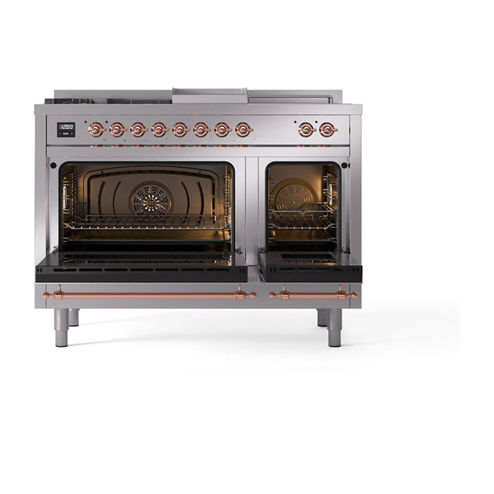 ILVE Nostalgie II 48-Inch Natural Gas Dual Fuel Range with 5 Burners, Griddle, & French Top, with Solid Door Oven in Stainless Steel with Copper Trim (UP48FSQNMPSSP) - Image 2