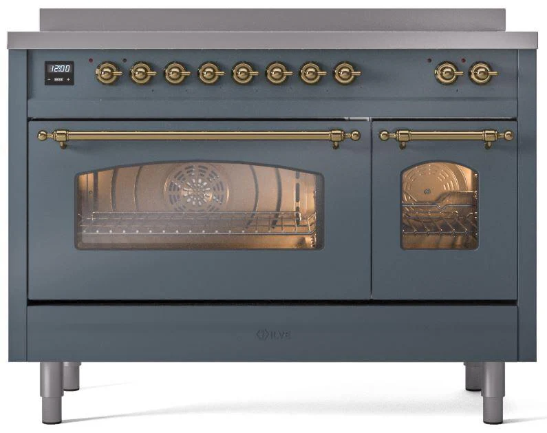 ILVE Nostalgie II 48-Inch Freestanding Electric Induction Range in Blue Grey with Brass Trim (UPI486NMPBGG) - Image 2