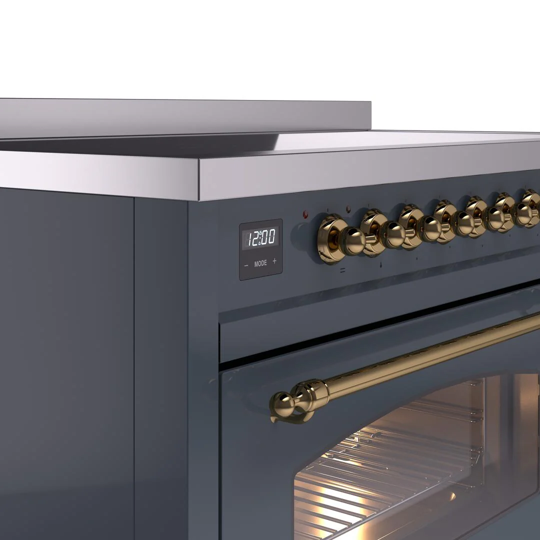 ILVE Nostalgie II 48-Inch Freestanding Electric Induction Range in Blue Grey with Brass Trim (UPI486NMPBGG) - Image 3