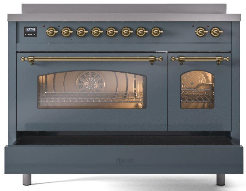 ILVE Nostalgie II 48-Inch Freestanding Electric Induction Range in Blue Grey with Brass Trim (UPI486NMPBGG) - Image 5