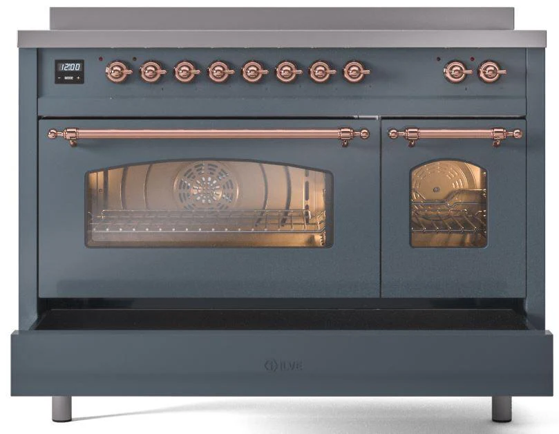 ILVE Nostalgie II 48-Inch Freestanding Electric Induction Range in Blue Grey with Copper Trim (UPI486NMPBGP) - Image 4