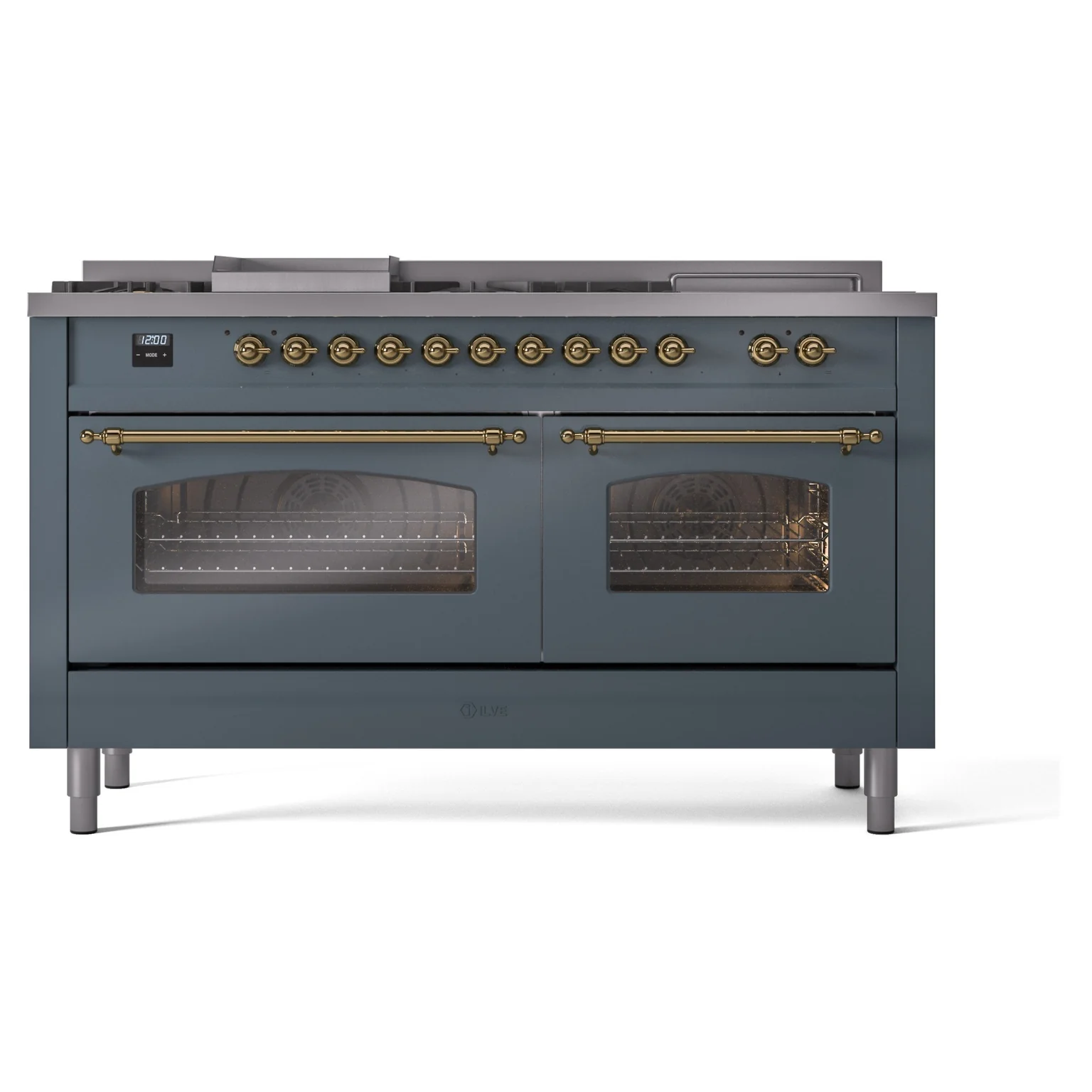 ILVE Nostalgie II 60-Inch Propane Gas Dual Fuel Range with 7 Burners, Griddle, & French Top with Triple Glass Door Oven in Blue Grey with Brass Trim (UP60FSNMPBGGLP) - Image 2