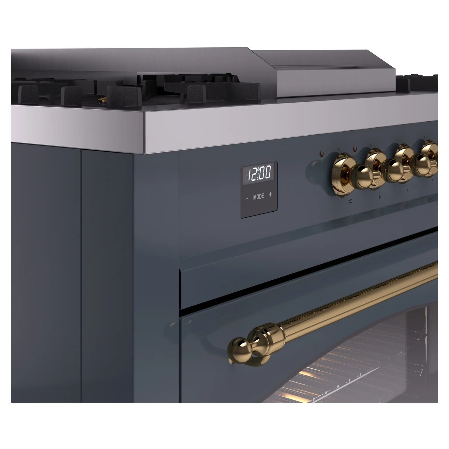 ILVE Nostalgie II 60-Inch Propane Gas Dual Fuel Range with 7 Burners, Griddle, & French Top with Triple Glass Door Oven in Blue Grey with Brass Trim (UP60FSNMPBGGLP) - Image 3