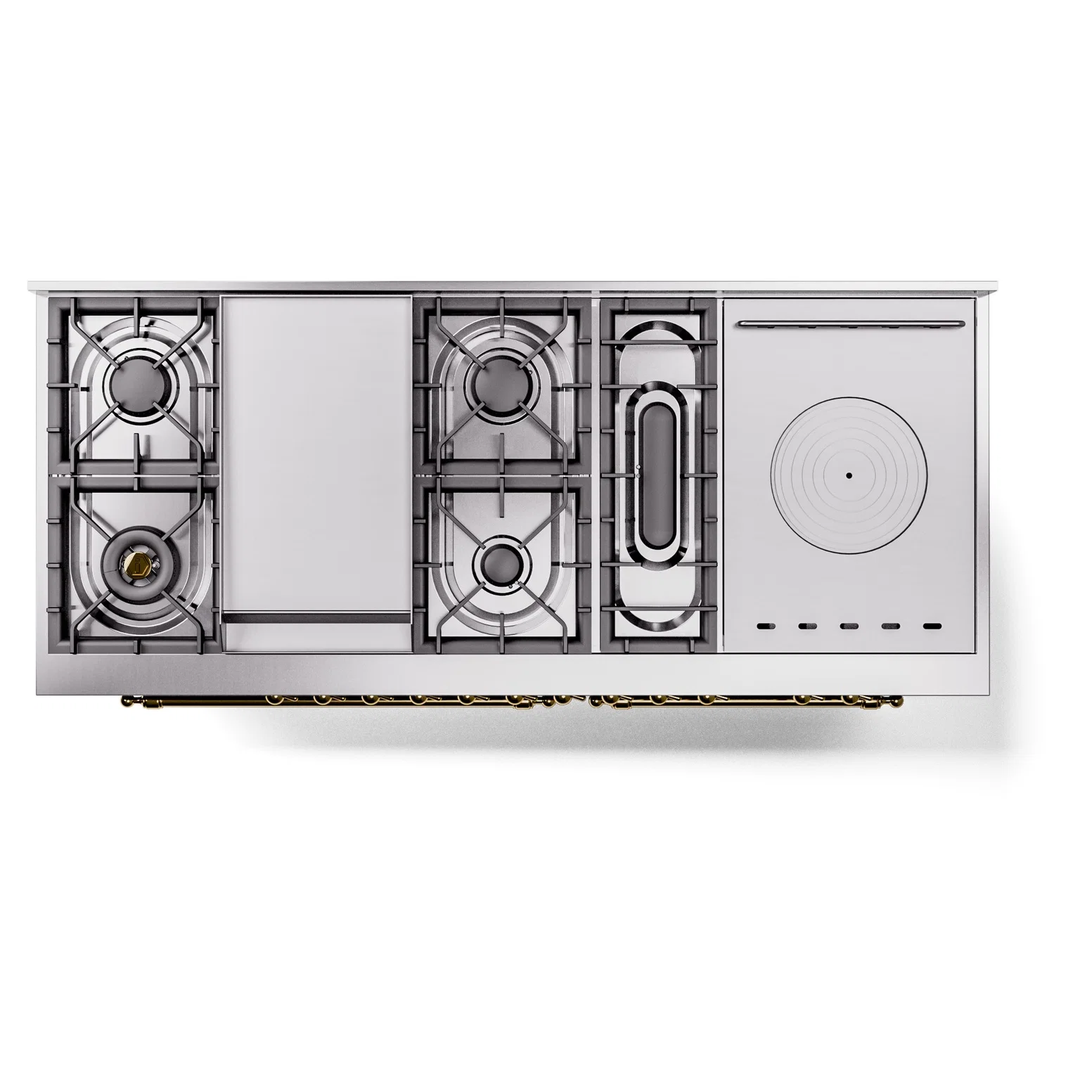 ILVE Nostalgie II 60-Inch Propane Gas Dual Fuel Range with 7 Burners, Griddle, & French Top with Triple Glass Door Oven in Blue Grey with Brass Trim (UP60FSNMPBGGLP) - Image 4