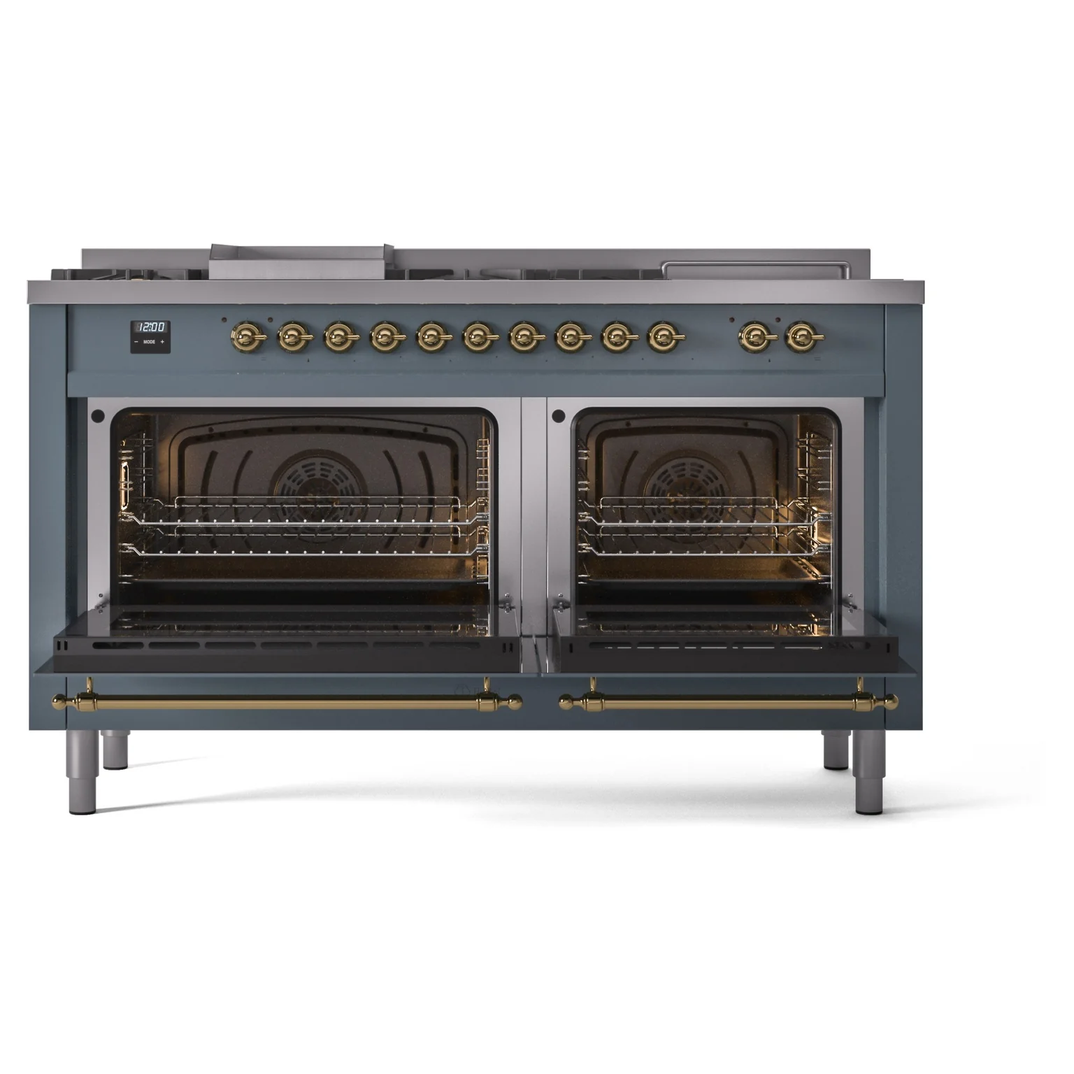 ILVE Nostalgie II 60-Inch Propane Gas Dual Fuel Range with 7 Burners, Griddle, & French Top with Triple Glass Door Oven in Blue Grey with Brass Trim (UP60FSNMPBGGLP) - Image 5