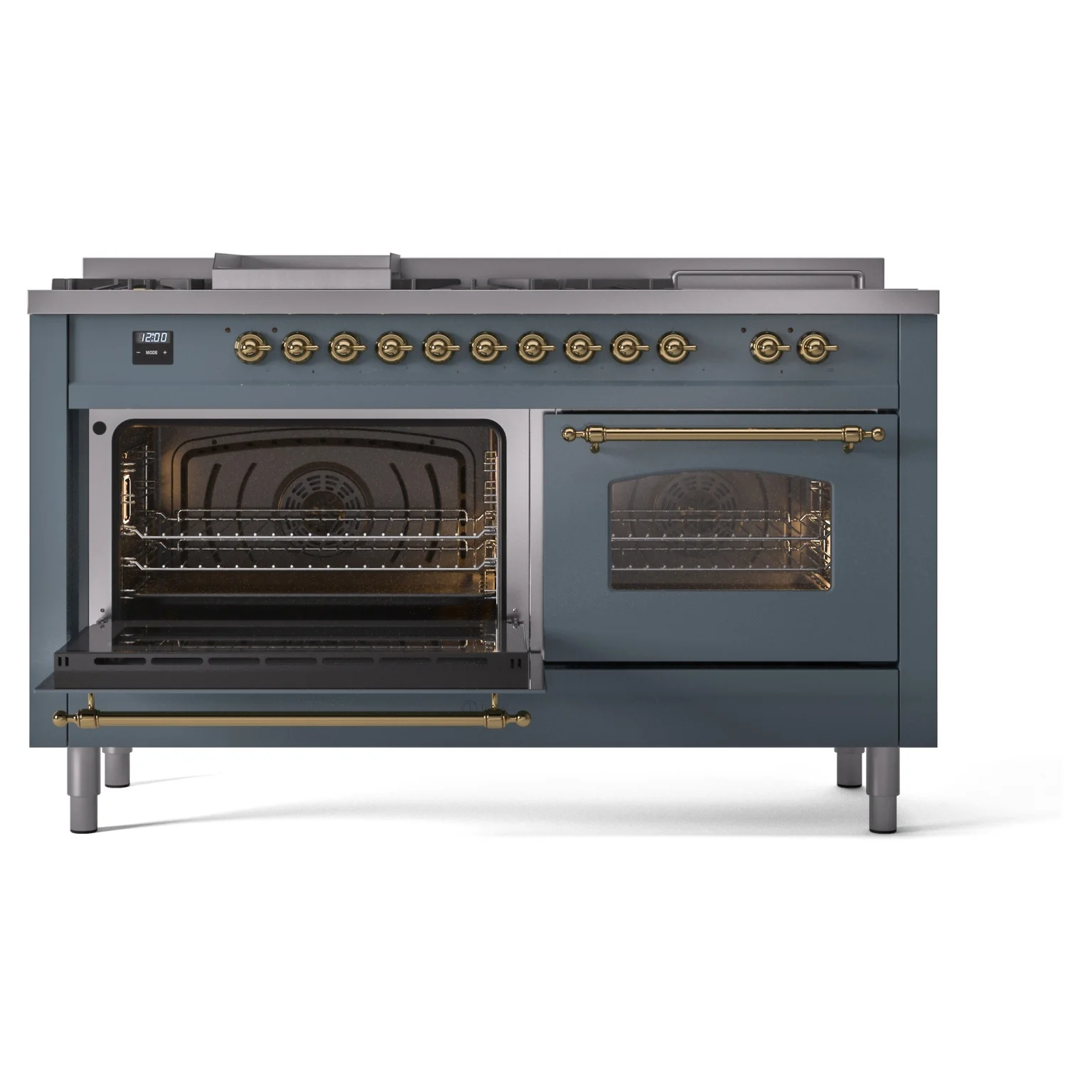 ILVE Nostalgie II 60-Inch Propane Gas Dual Fuel Range with 7 Burners, Griddle, & French Top with Triple Glass Door Oven in Blue Grey with Brass Trim (UP60FSNMPBGGLP) - Image 6