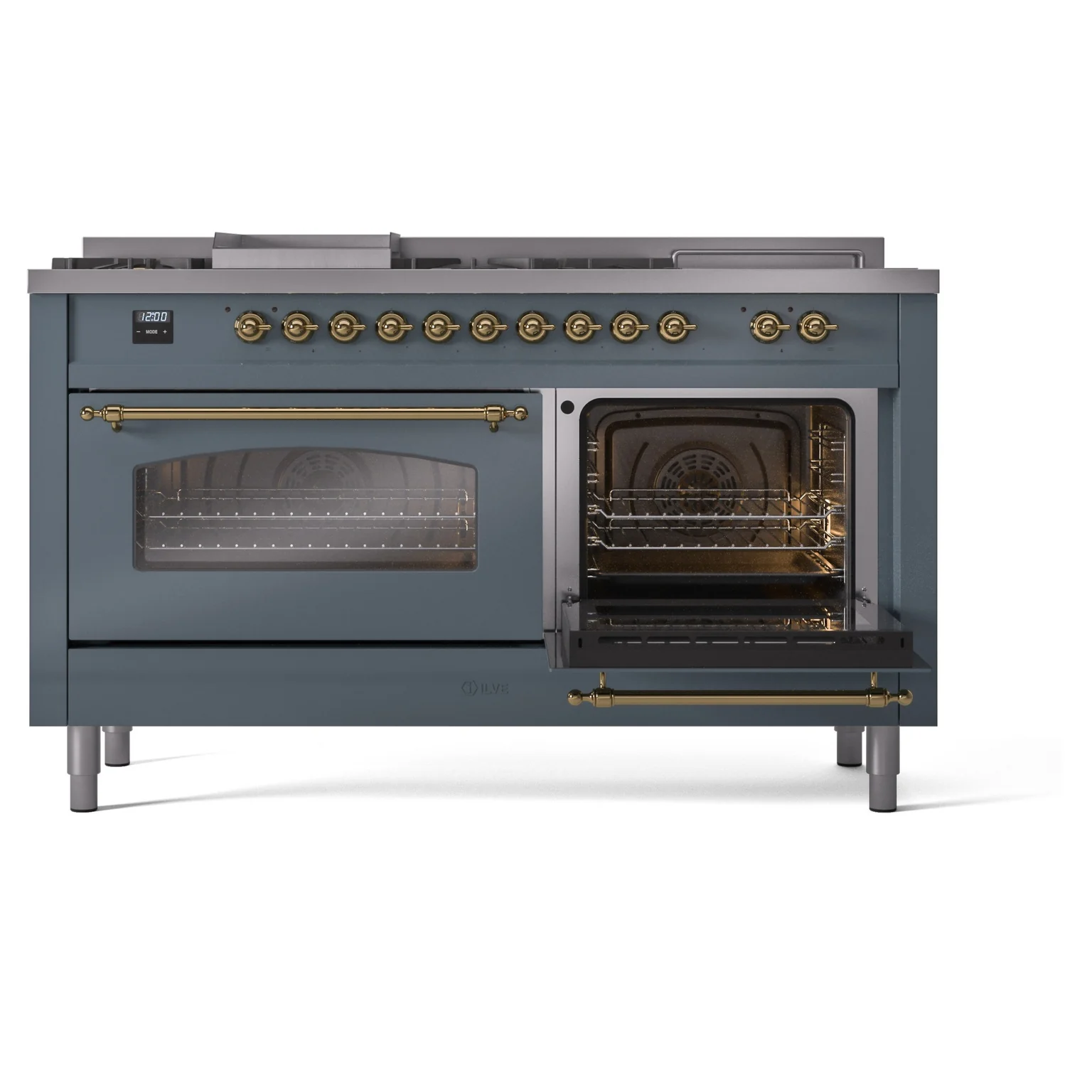 ILVE Nostalgie II 60-Inch Propane Gas Dual Fuel Range with 7 Burners, Griddle, & French Top with Triple Glass Door Oven in Blue Grey with Brass Trim (UP60FSNMPBGGLP) - Image 7