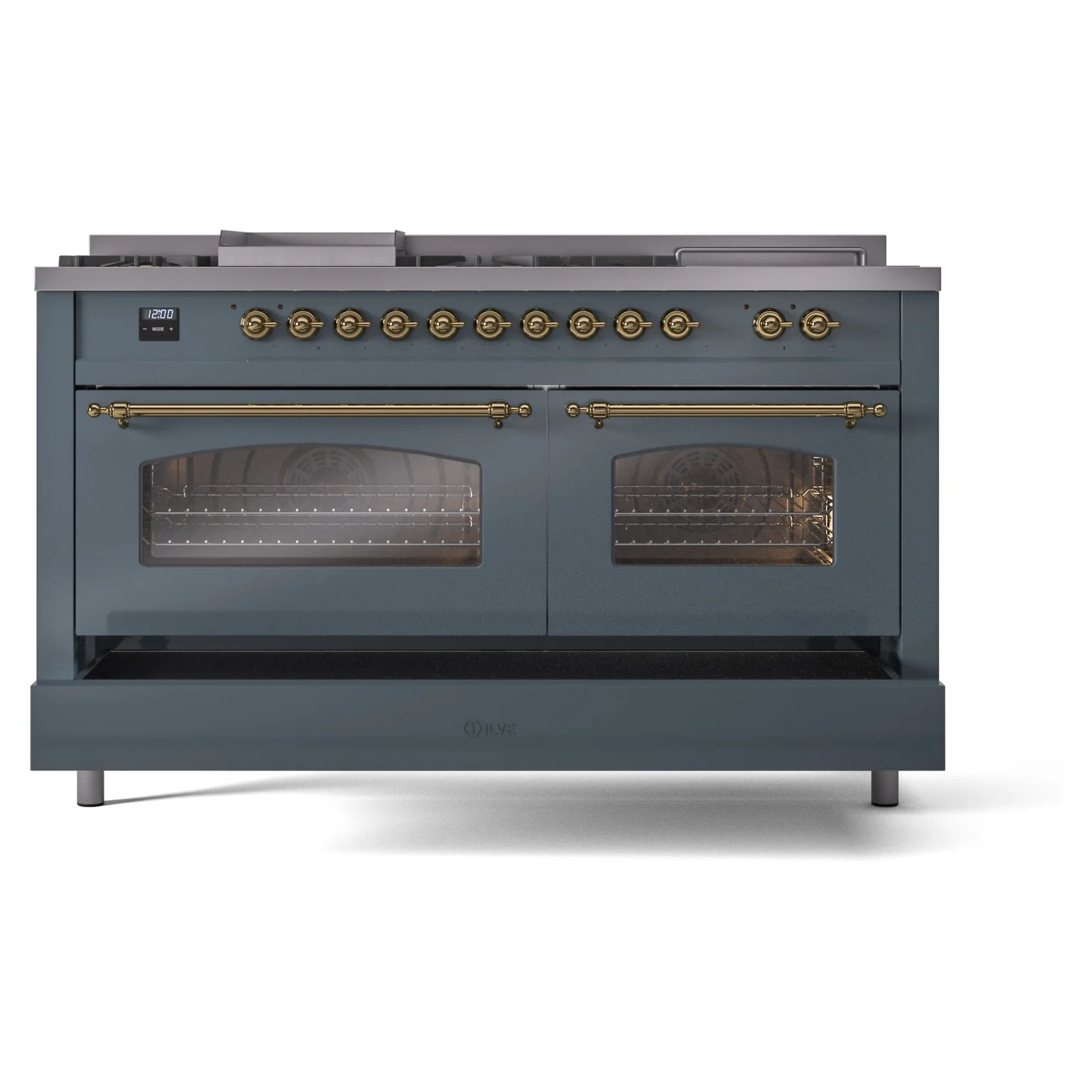 ILVE Nostalgie II 60-Inch Propane Gas Dual Fuel Range with 7 Burners, Griddle, & French Top with Triple Glass Door Oven in Blue Grey with Brass Trim (UP60FSNMPBGGLP) - Image 8