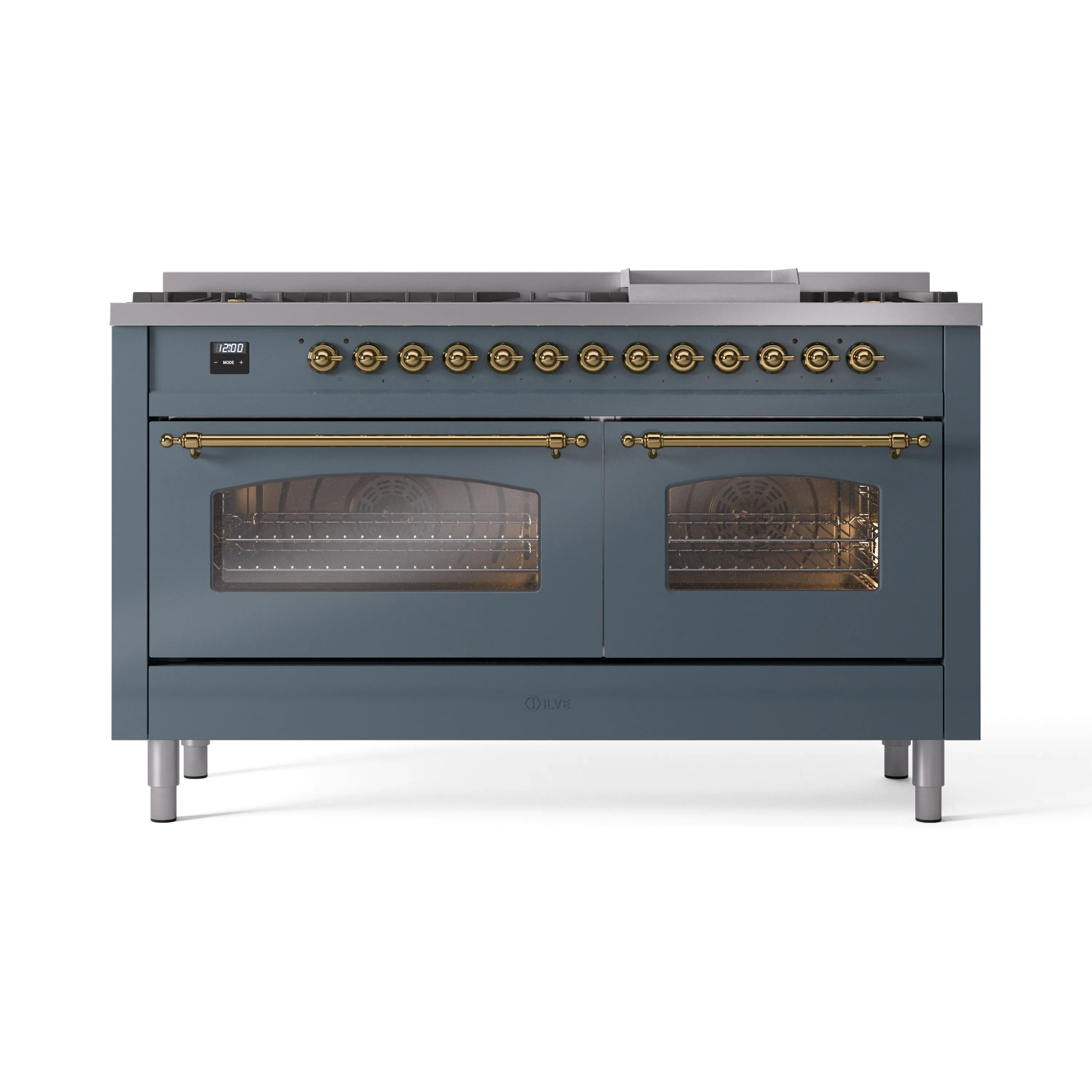 ILVE Nostalgie II 60-Inch Dual Fuel Freestanding Range in Blue Grey with Brass Trim (UP60FNMPBGGLP) - Image 2
