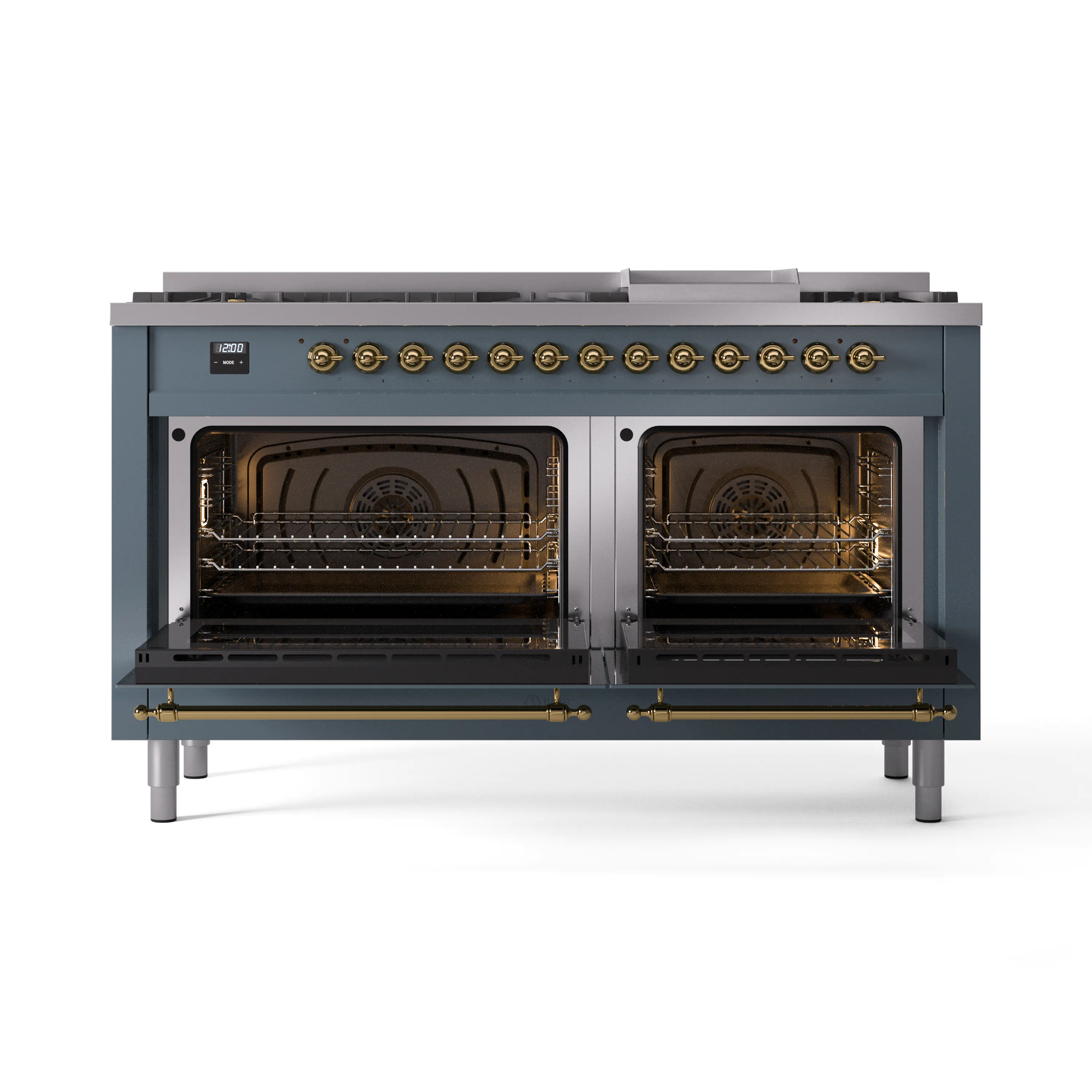 ILVE Nostalgie II 60-Inch Dual Fuel Freestanding Range in Blue Grey with Brass Trim (UP60FNMPBGGLP) - Image 5