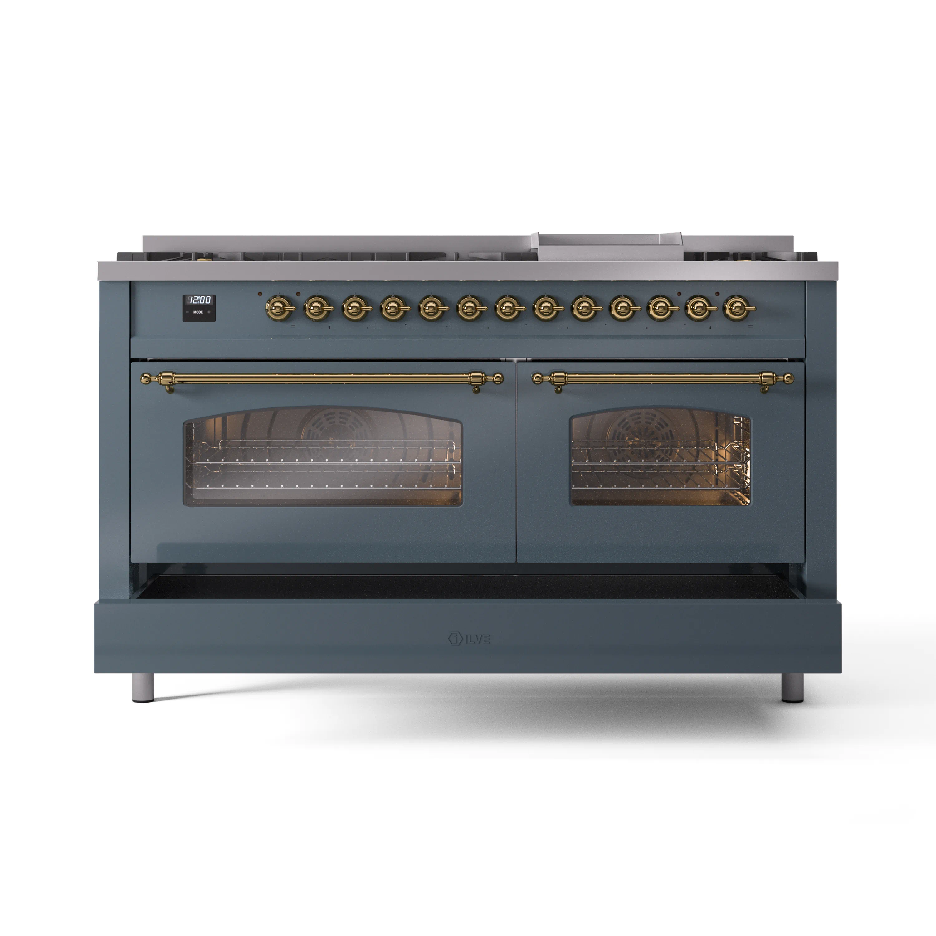 ILVE Nostalgie II 60-Inch Dual Fuel Freestanding Range in Blue Grey with Brass Trim (UP60FNMPBGGLP) - Image 6