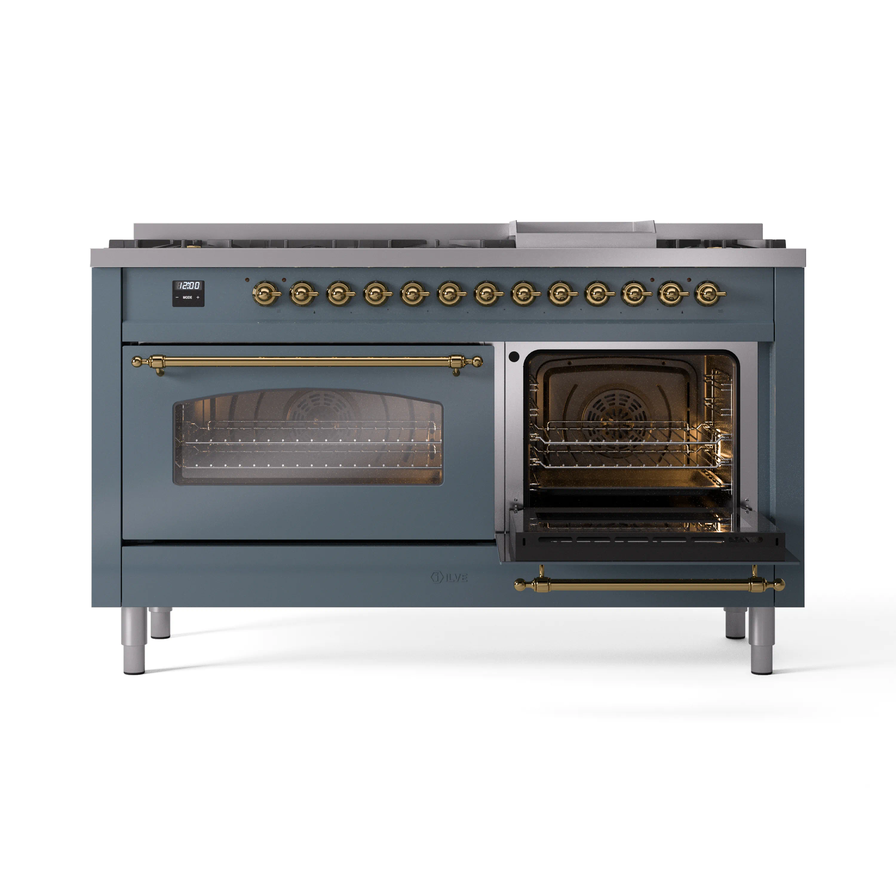 ILVE Nostalgie II 60-Inch Dual Fuel Freestanding Range in Blue Grey with Brass Trim (UP60FNMPBGGLP) - Image 7