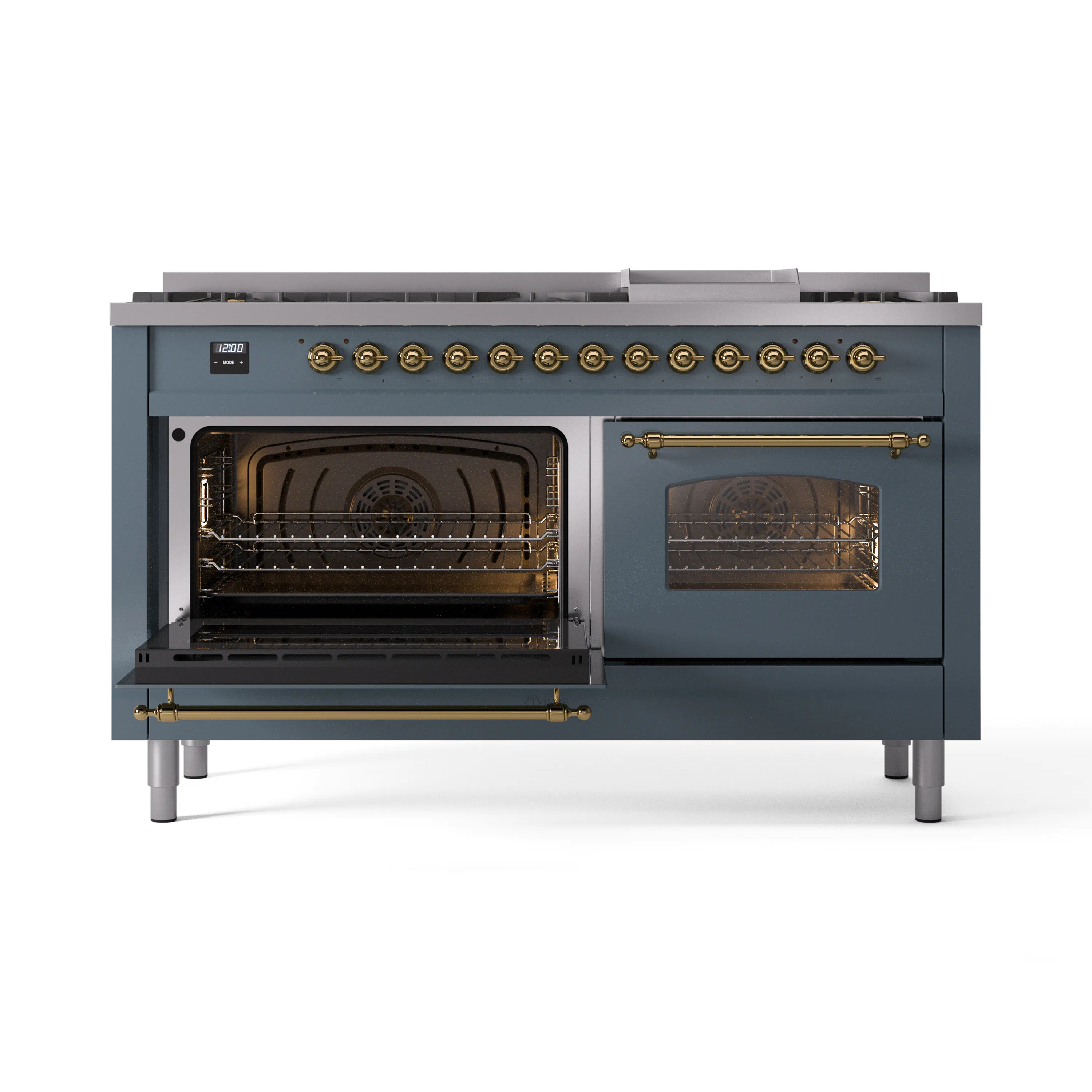 ILVE Nostalgie II 60-Inch Dual Fuel Freestanding Range in Blue Grey with Brass Trim (UP60FNMPBGGLP) - Image 8
