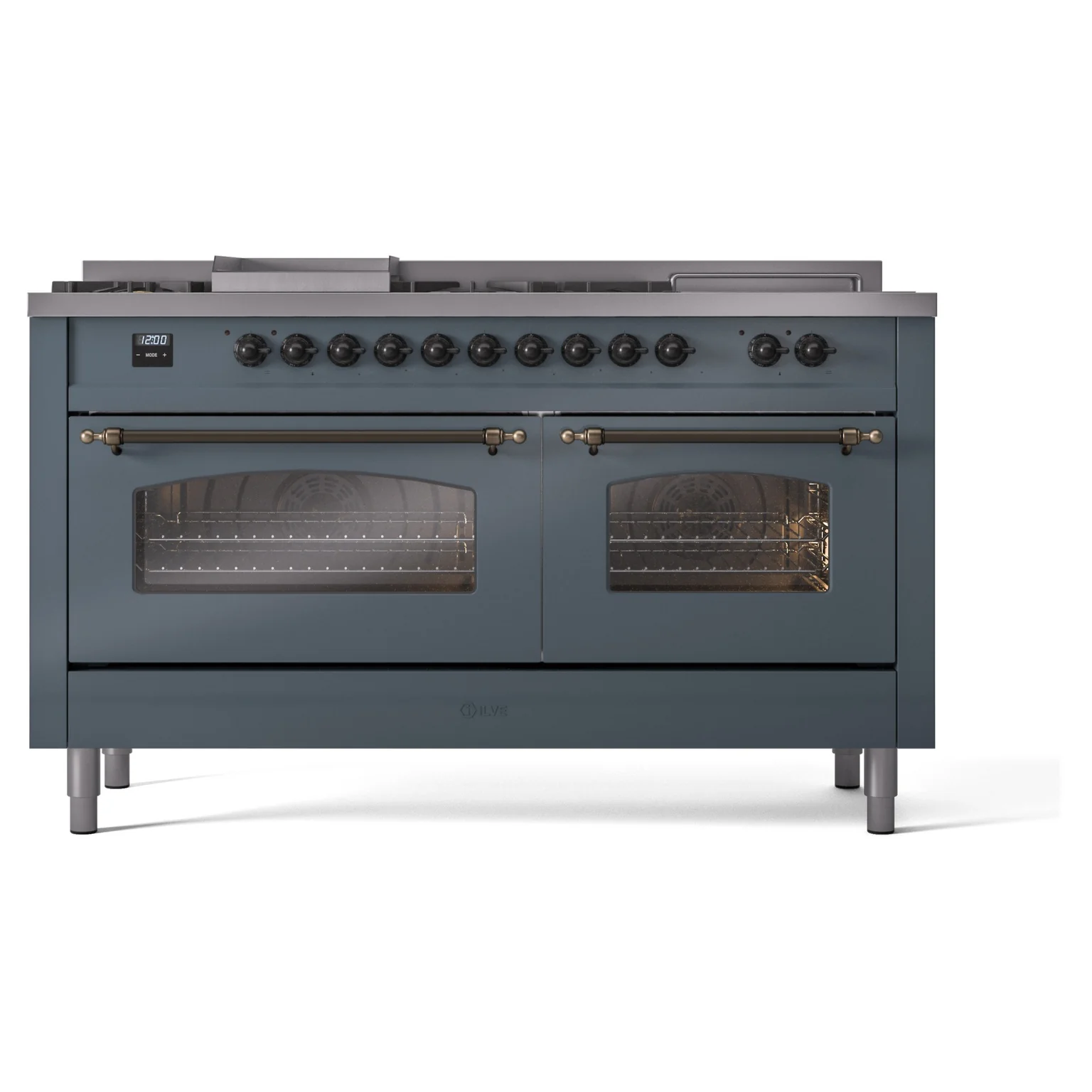 ILVE Nostalgie II 60-Inch Propane Gas Dual Fuel Range with 7 Burners, Griddle, & French Top with Triple Glass Door Oven in Blue Grey with Bronze Trim (UP60FSNMPBGBLP) - Image 2