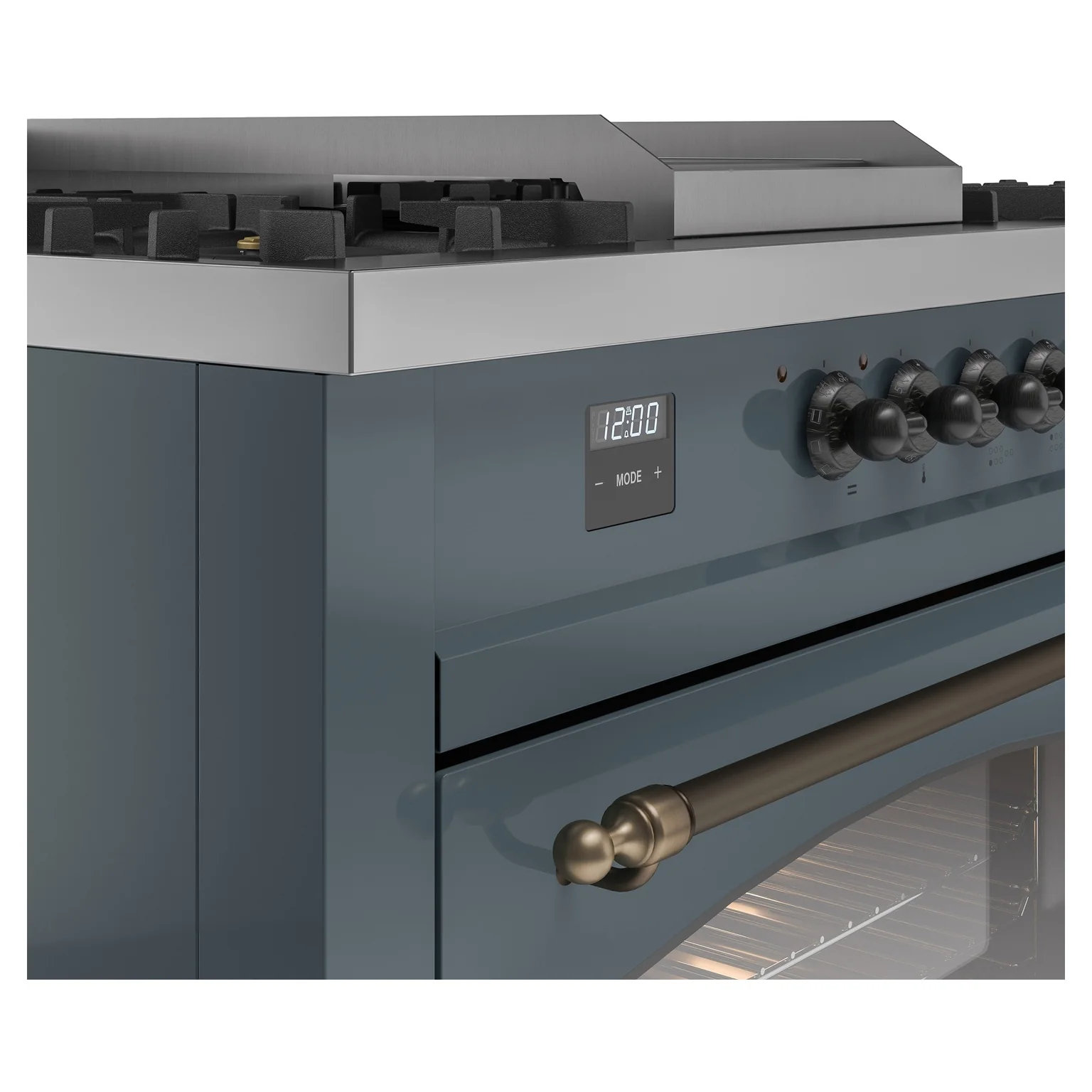 ILVE Nostalgie II 60-Inch Propane Gas Dual Fuel Range with 7 Burners, Griddle, & French Top with Triple Glass Door Oven in Blue Grey with Bronze Trim (UP60FSNMPBGBLP) - Image 3
