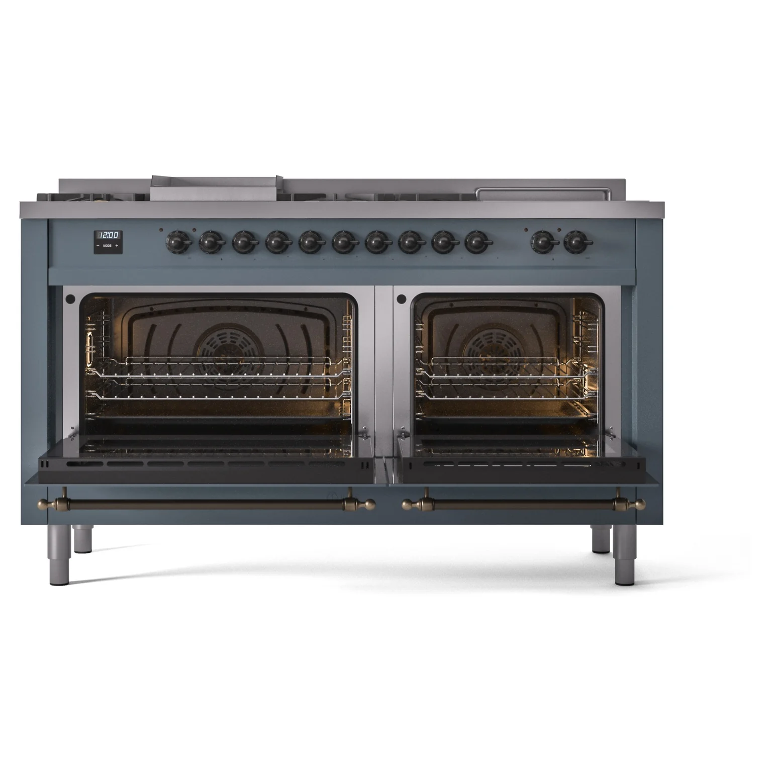 ILVE Nostalgie II 60-Inch Propane Gas Dual Fuel Range with 7 Burners, Griddle, & French Top with Triple Glass Door Oven in Blue Grey with Bronze Trim (UP60FSNMPBGBLP) - Image 5