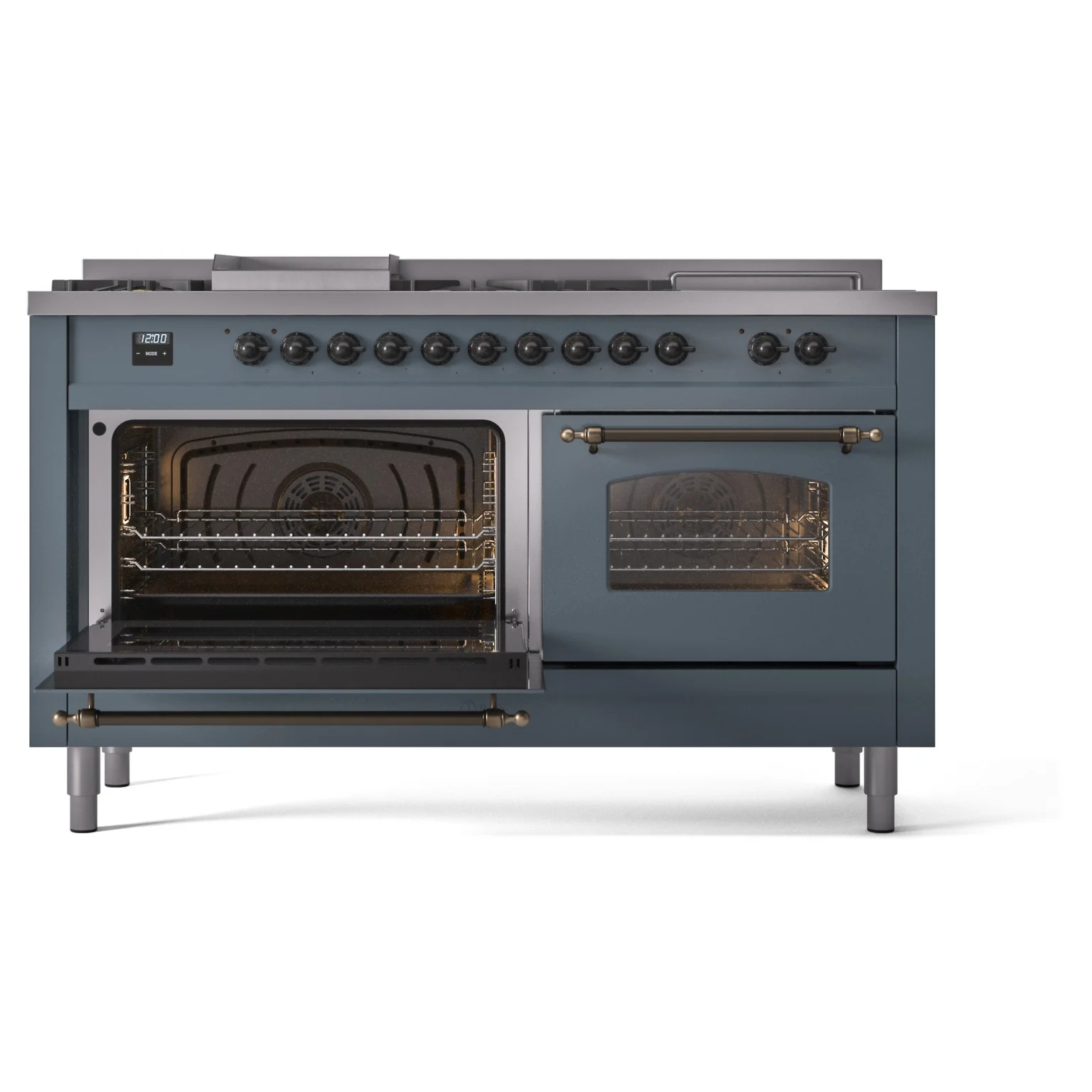 ILVE Nostalgie II 60-Inch Propane Gas Dual Fuel Range with 7 Burners, Griddle, & French Top with Triple Glass Door Oven in Blue Grey with Bronze Trim (UP60FSNMPBGBLP) - Image 6