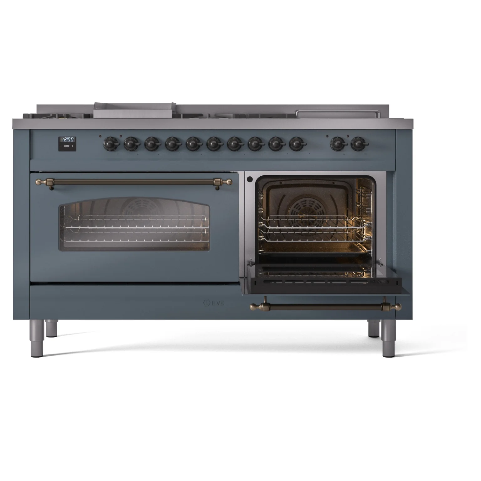 ILVE Nostalgie II 60-Inch Propane Gas Dual Fuel Range with 7 Burners, Griddle, & French Top with Triple Glass Door Oven in Blue Grey with Bronze Trim (UP60FSNMPBGBLP) - Image 7