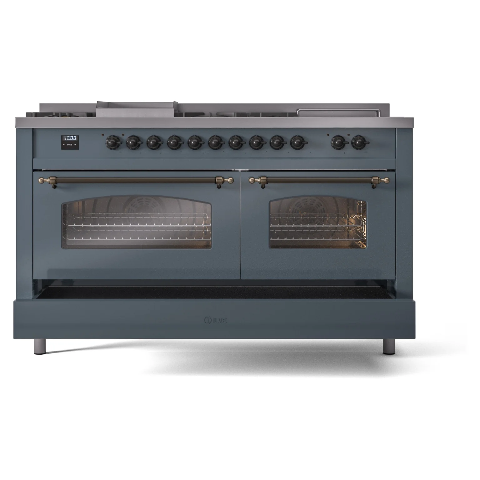 ILVE Nostalgie II 60-Inch Propane Gas Dual Fuel Range with 7 Burners, Griddle, & French Top with Triple Glass Door Oven in Blue Grey with Bronze Trim (UP60FSNMPBGBLP) - Image 8