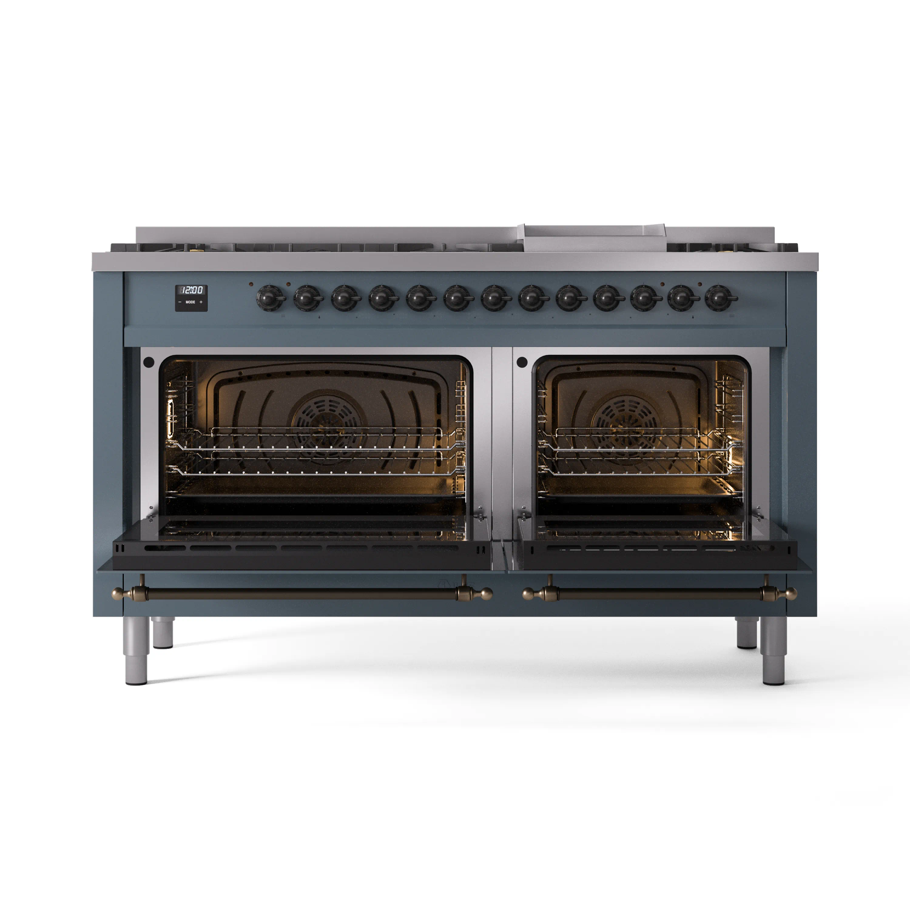 ILVE 60-Inch Nostalgie II Propane Gas Dual Fuel Range with 9 Burners, Griddle and Triple Glass Door Oven in Blue Grey with Bronze Trim (UP60FNMPBGBLP) - Image 5