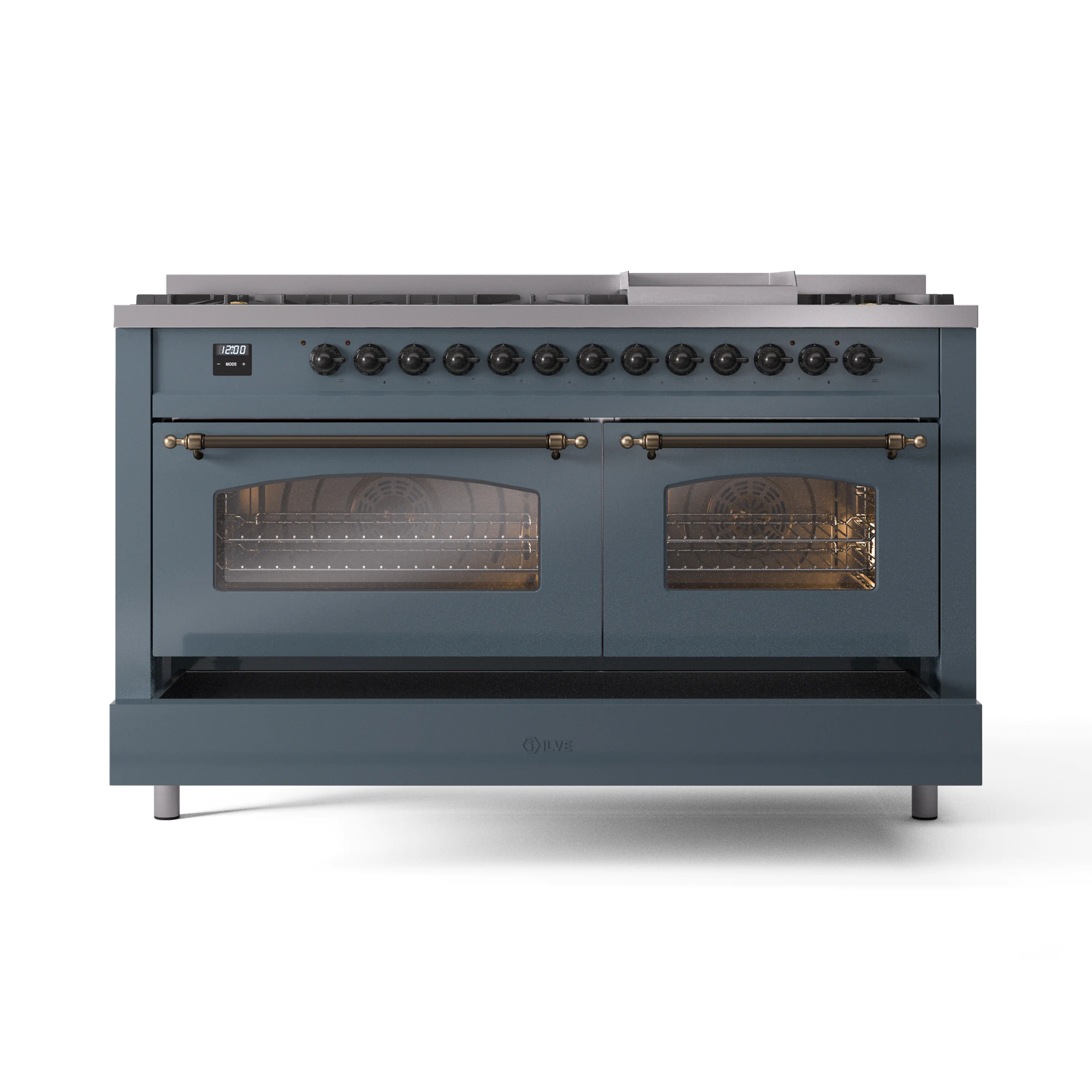 ILVE 60-Inch Nostalgie II Propane Gas Dual Fuel Range with 9 Burners, Griddle and Triple Glass Door Oven in Blue Grey with Bronze Trim (UP60FNMPBGBLP) - Image 6
