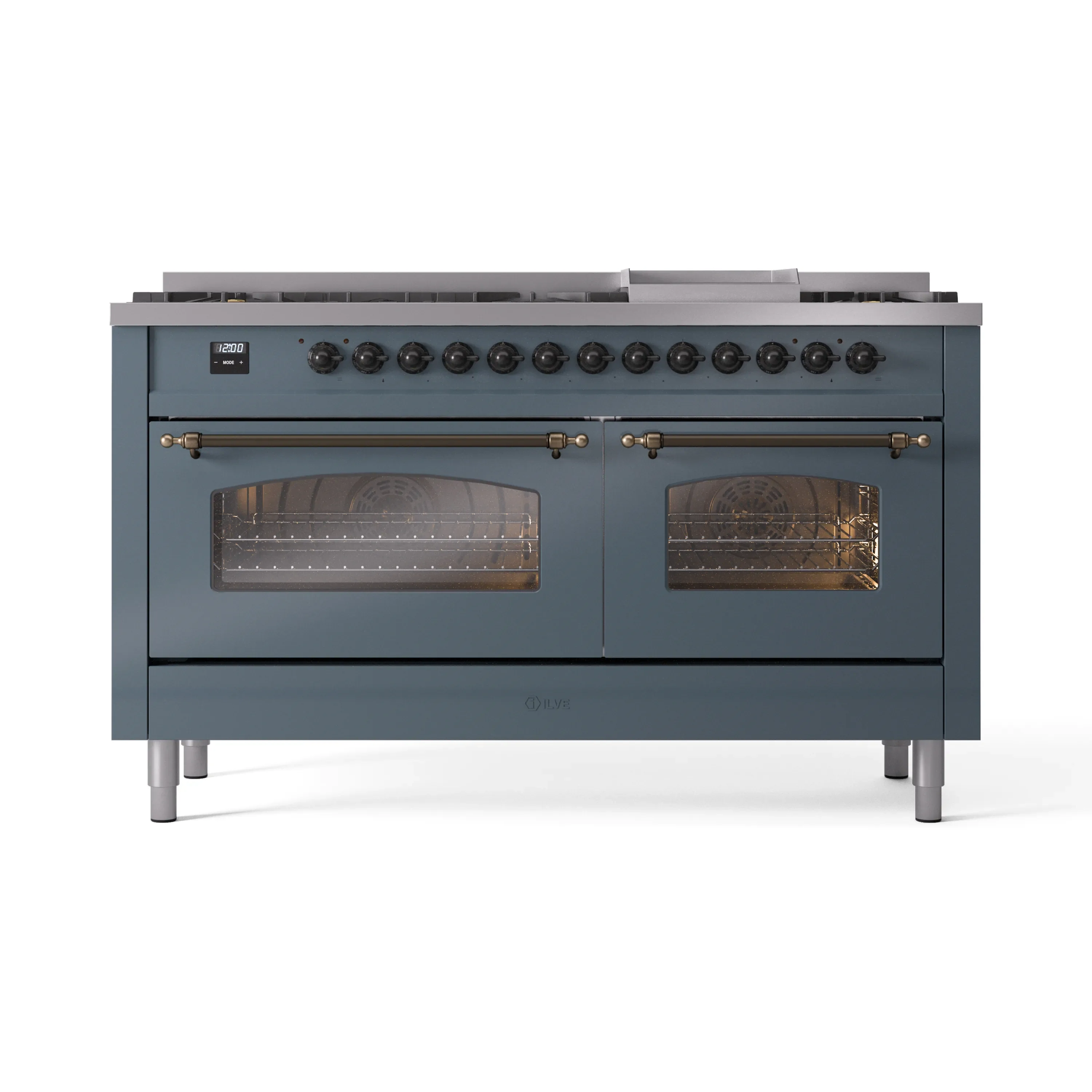 ILVE 60-Inch Nostalgie II Propane Gas Dual Fuel Range with 9 Burners, Griddle and Triple Glass Door Oven in Blue Grey with Bronze Trim (UP60FNMPBGBLP) - Image 7