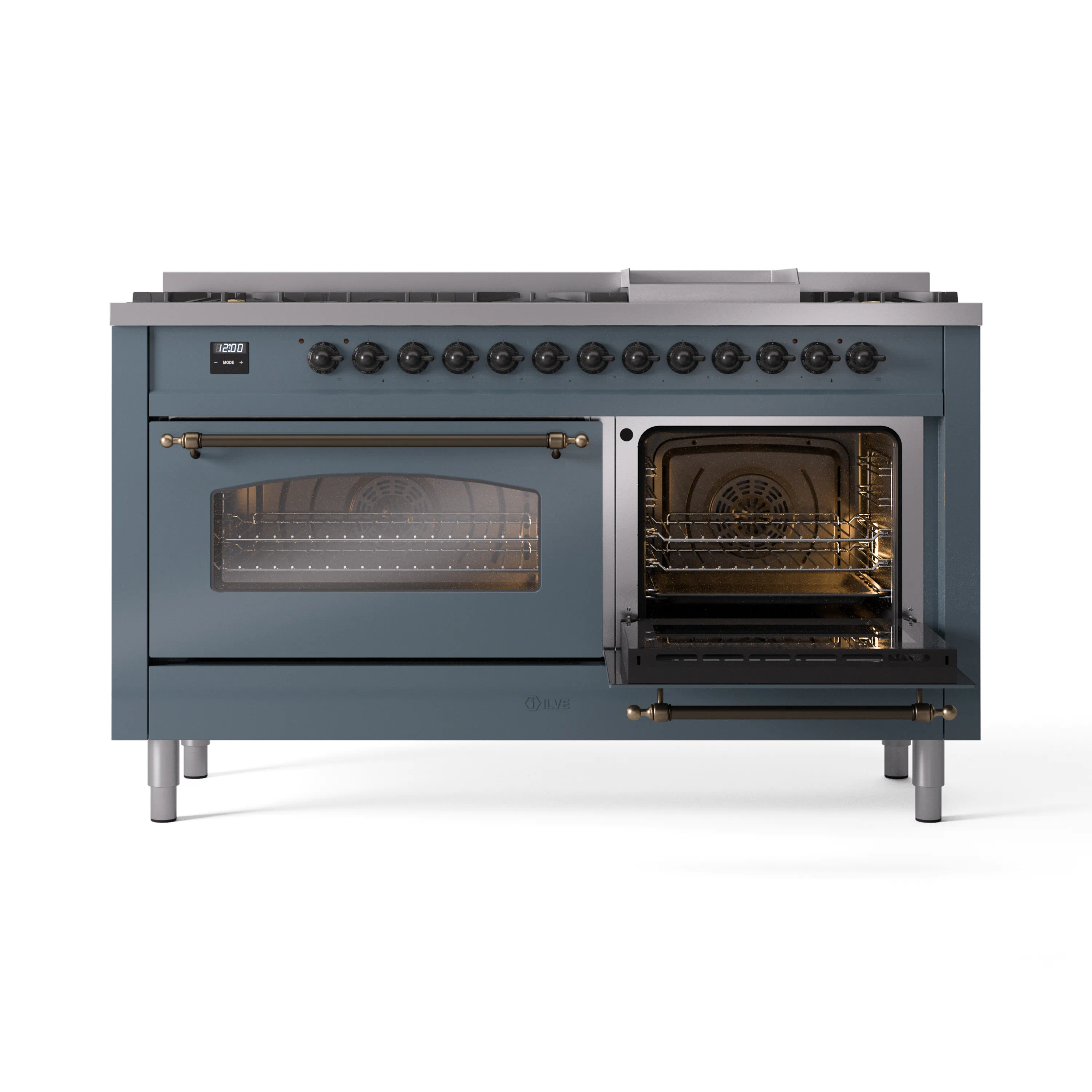 ILVE 60-Inch Nostalgie II Propane Gas Dual Fuel Range with 9 Burners, Griddle and Triple Glass Door Oven in Blue Grey with Bronze Trim (UP60FNMPBGBLP) - Image 8