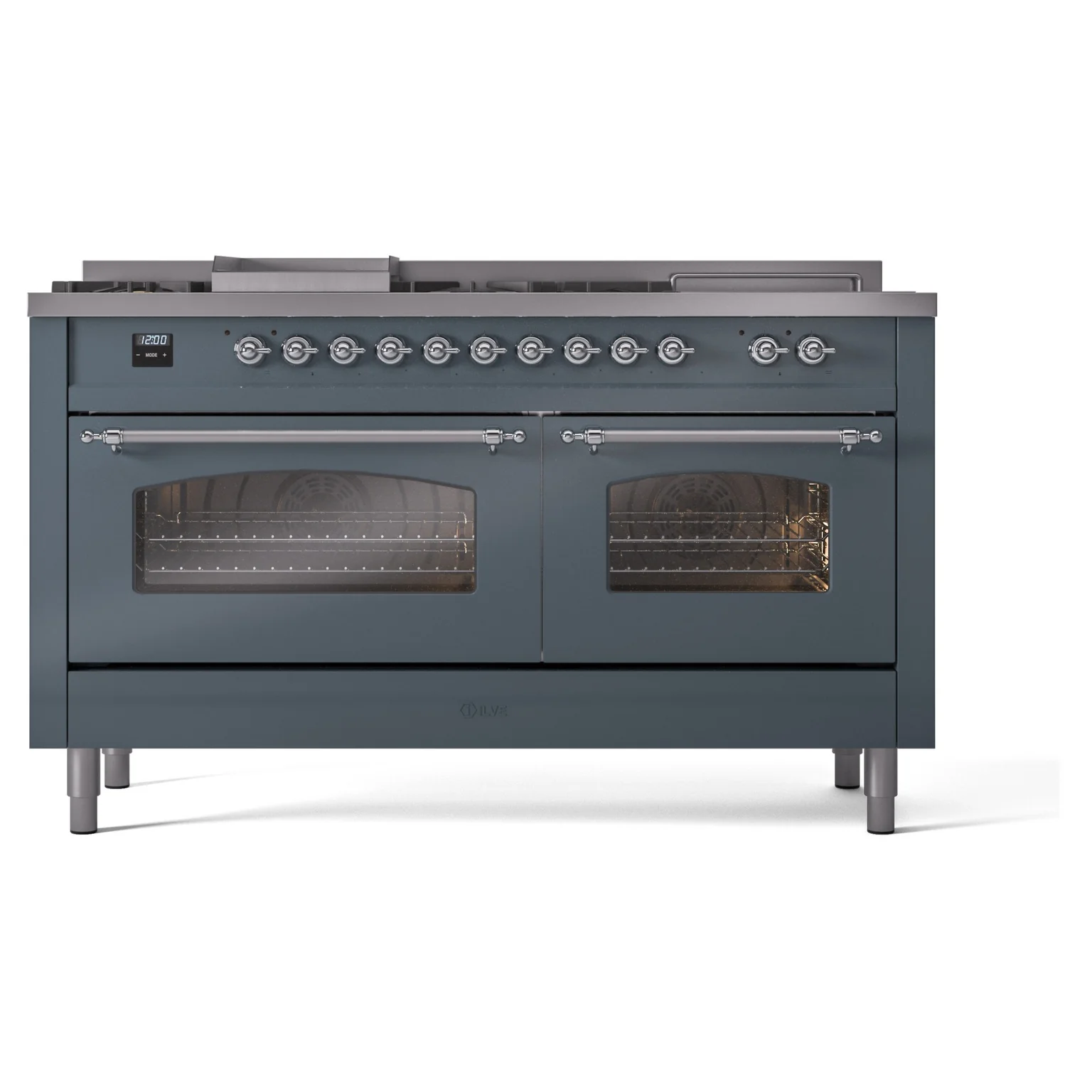 ILVE Nostalgie II 60-Inch Propane Gas Dual Fuel Range with 7 Burners, Griddle, & French Top with Triple Glass Door Oven in Blue Grey with Chrome Trim (UP60FSNMPBGCLP) - Image 2