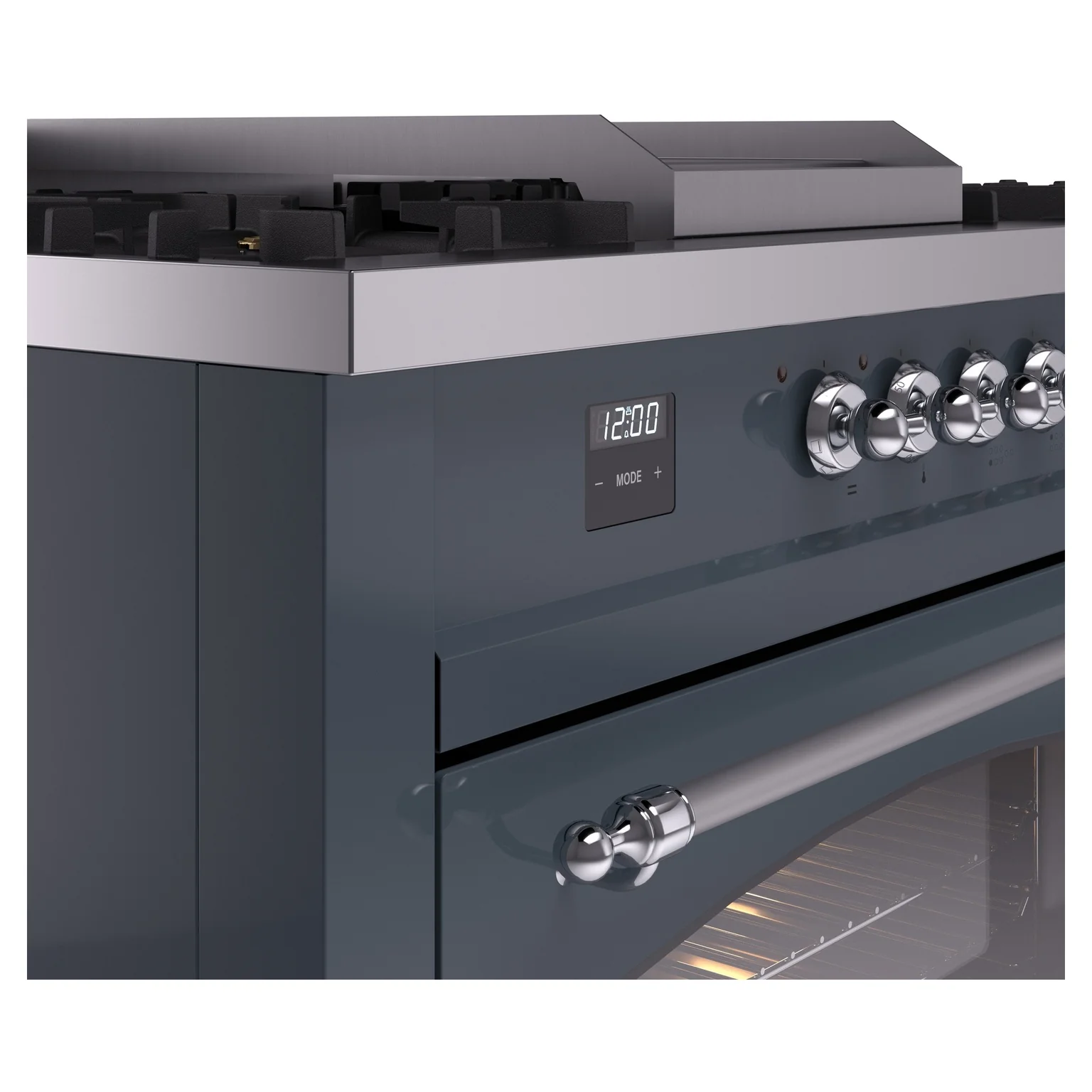 ILVE Nostalgie II 60-Inch Propane Gas Dual Fuel Range with 7 Burners, Griddle, & French Top with Triple Glass Door Oven in Blue Grey with Chrome Trim (UP60FSNMPBGCLP) - Image 3