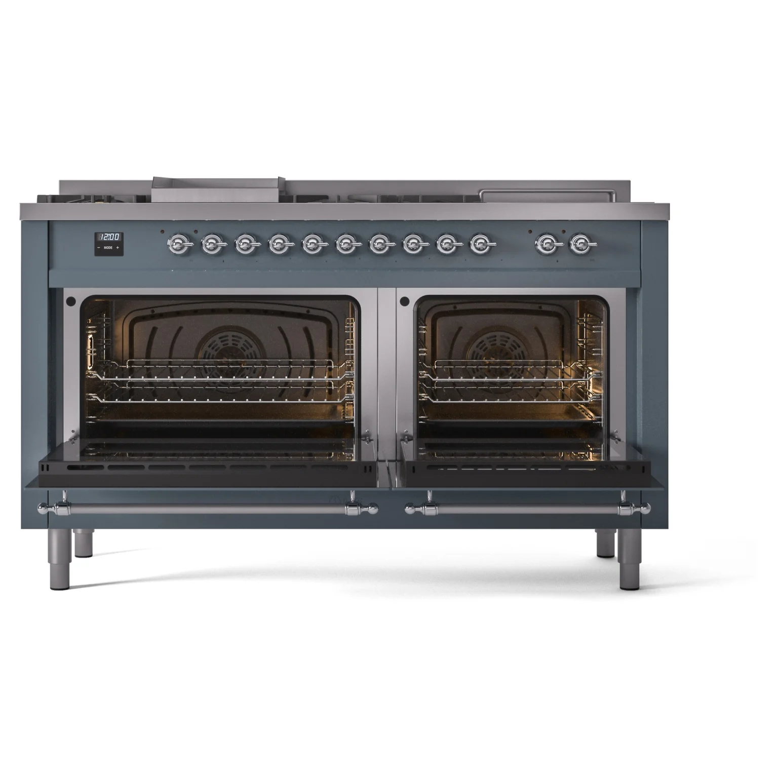 ILVE Nostalgie II 60-Inch Propane Gas Dual Fuel Range with 7 Burners, Griddle, & French Top with Triple Glass Door Oven in Blue Grey with Chrome Trim (UP60FSNMPBGCLP) - Image 5