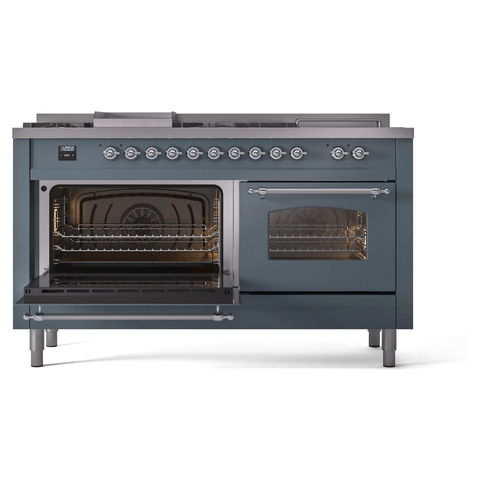 ILVE Nostalgie II 60-Inch Propane Gas Dual Fuel Range with 7 Burners, Griddle, & French Top with Triple Glass Door Oven in Blue Grey with Chrome Trim (UP60FSNMPBGCLP) - Image 6