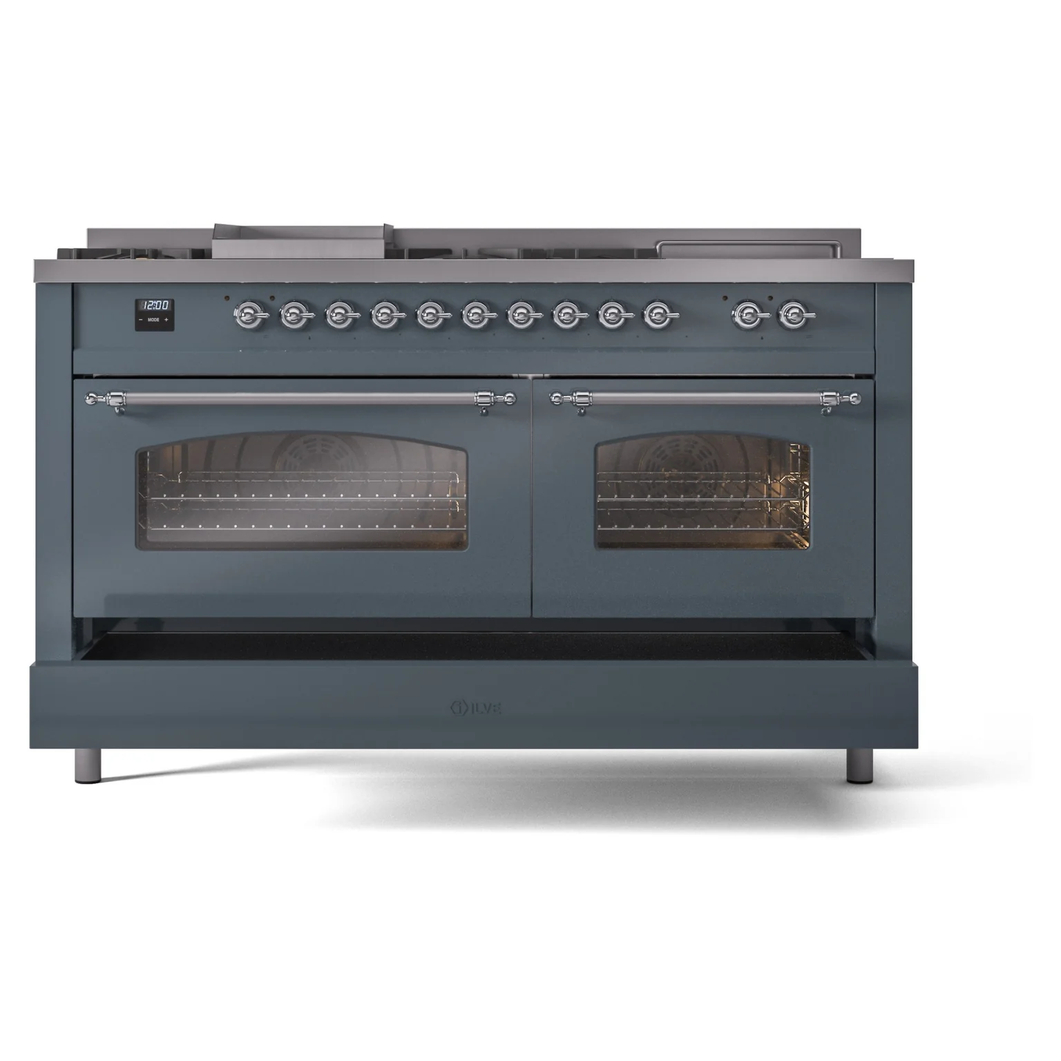 ILVE Nostalgie II 60-Inch Propane Gas Dual Fuel Range with 7 Burners, Griddle, & French Top with Triple Glass Door Oven in Blue Grey with Chrome Trim (UP60FSNMPBGCLP) - Image 8