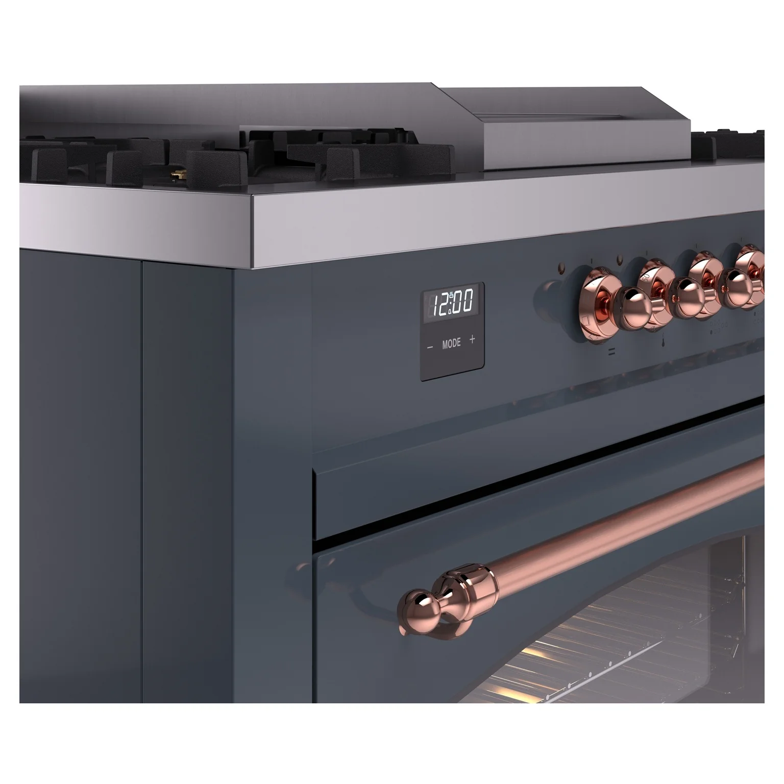ILVE Nostalgie II 60-Inch Propane Gas Dual Fuel Range with 7 Burners, Griddle, & French Top with Triple Glass Door Oven in Blue Grey with Copper Trim (UP60FSNMPBGPLP) - Image 3