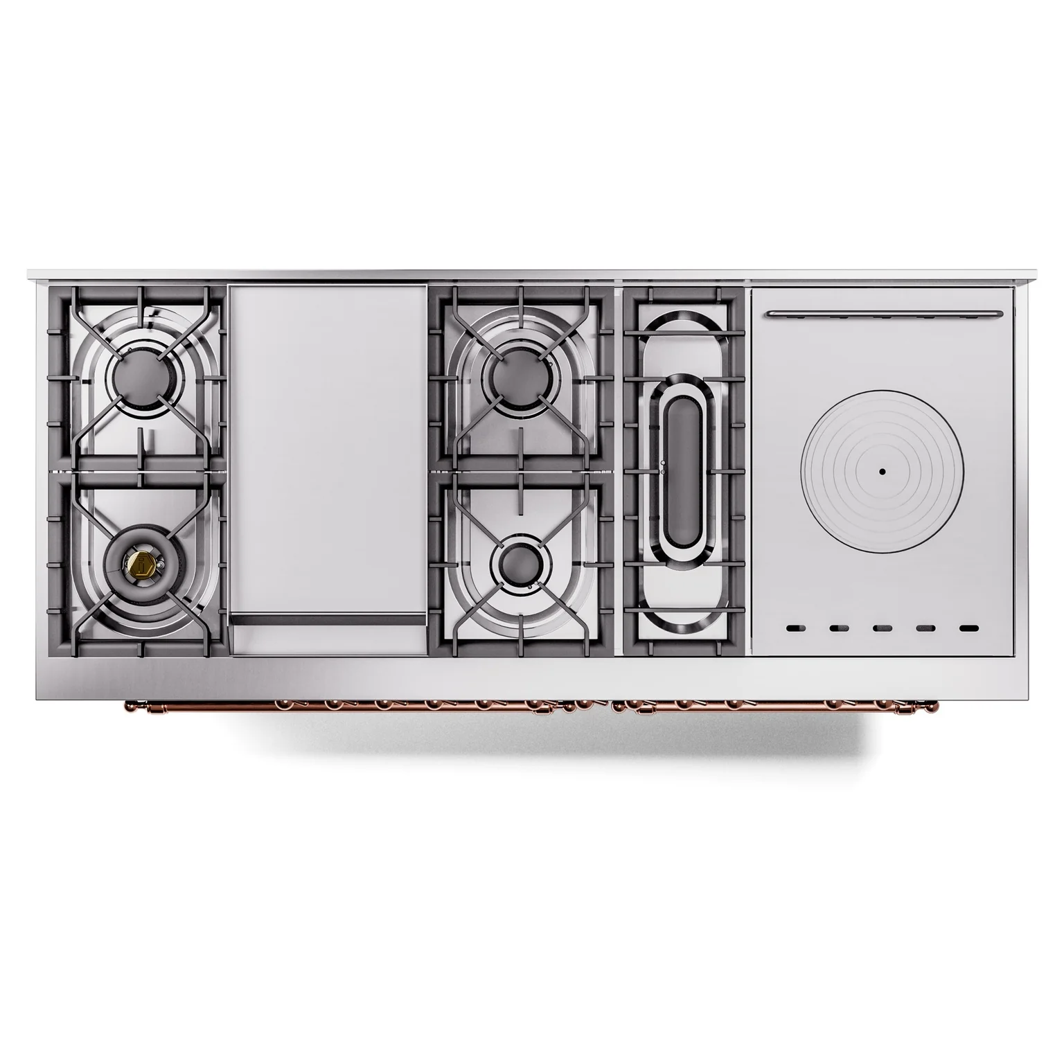 ILVE Nostalgie II 60-Inch Propane Gas Dual Fuel Range with 7 Burners, Griddle, & French Top with Triple Glass Door Oven in Blue Grey with Copper Trim (UP60FSNMPBGPLP) - Image 4