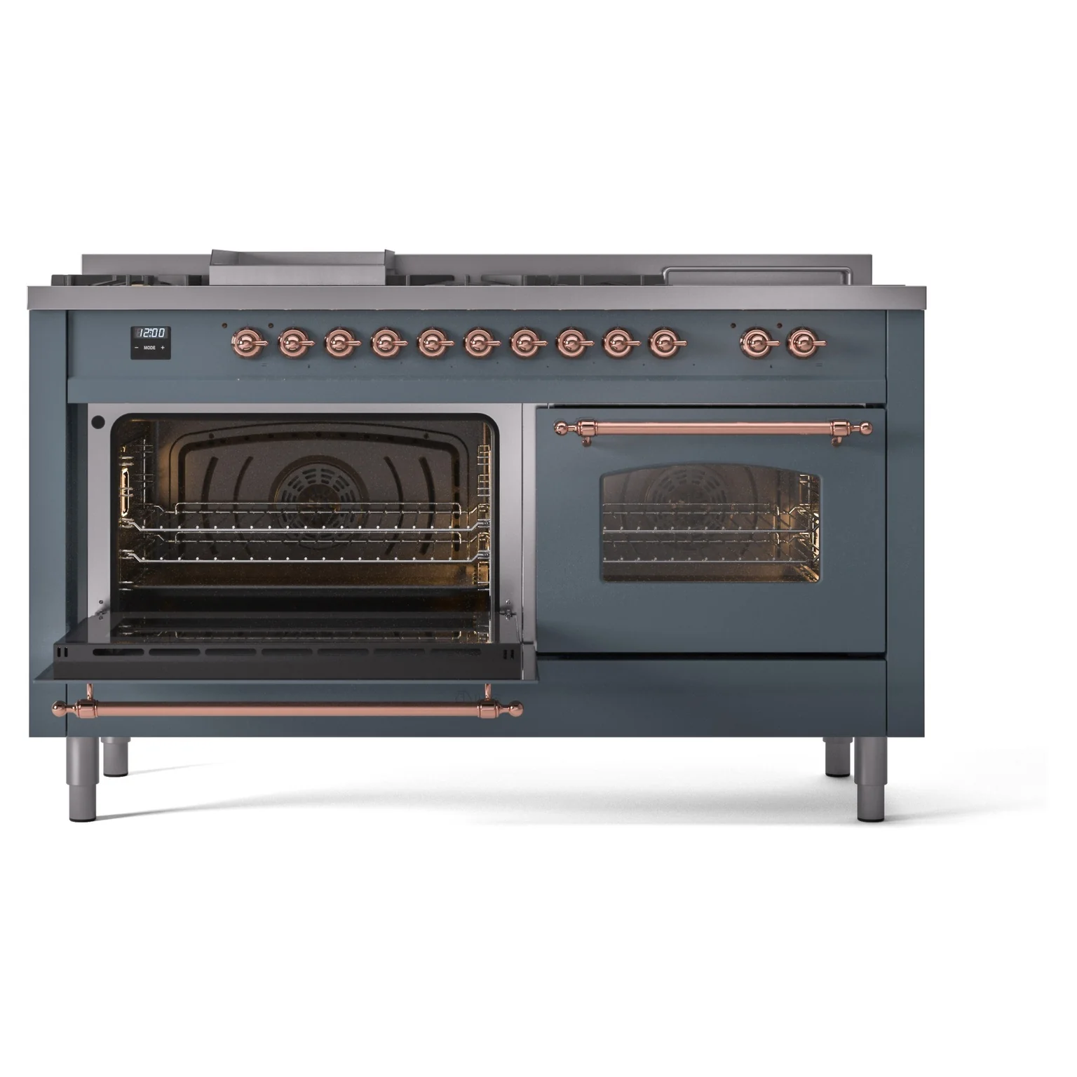 ILVE Nostalgie II 60-Inch Propane Gas Dual Fuel Range with 7 Burners, Griddle, & French Top with Triple Glass Door Oven in Blue Grey with Copper Trim (UP60FSNMPBGPLP) - Image 6