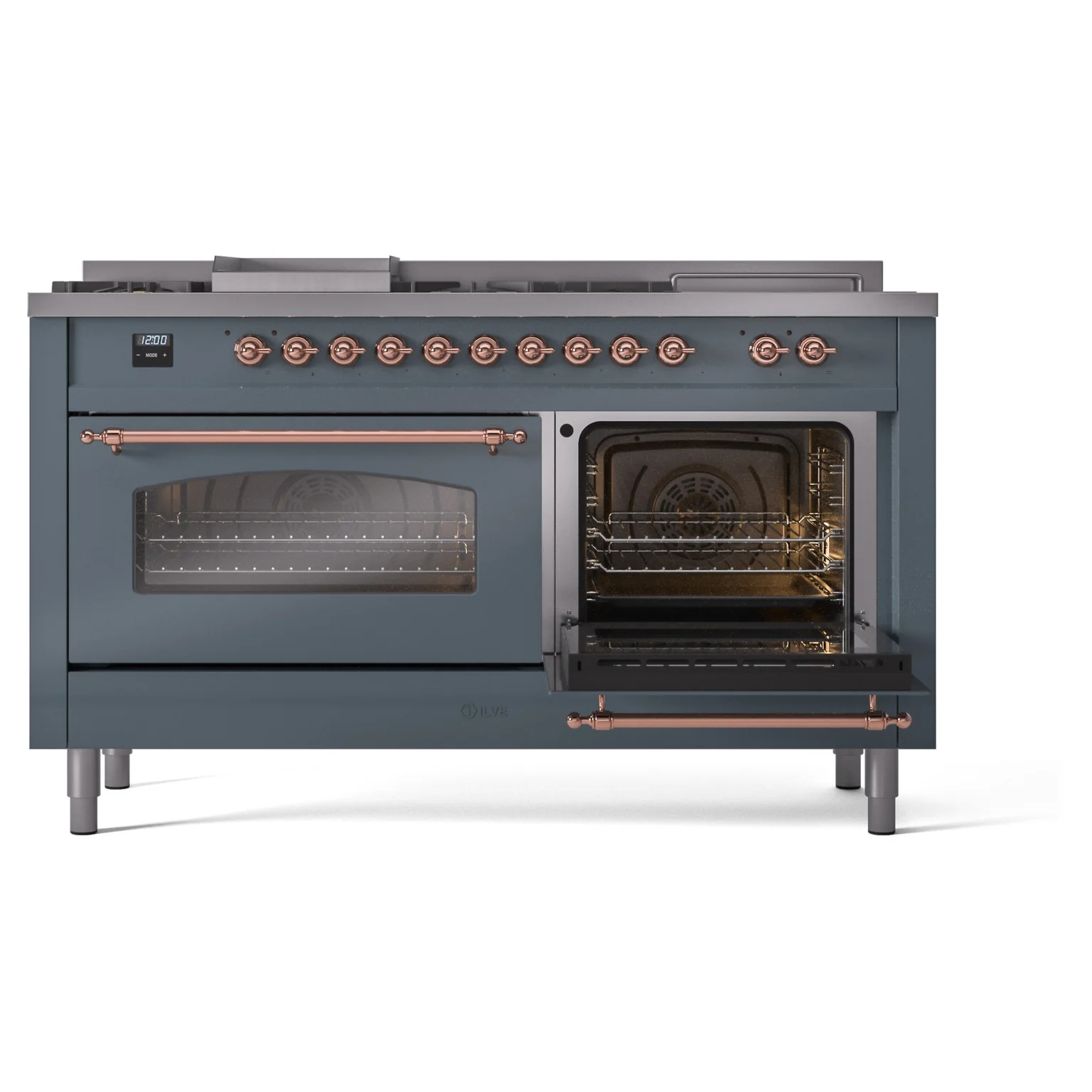 ILVE Nostalgie II 60-Inch Propane Gas Dual Fuel Range with 7 Burners, Griddle, & French Top with Triple Glass Door Oven in Blue Grey with Copper Trim (UP60FSNMPBGPLP) - Image 7