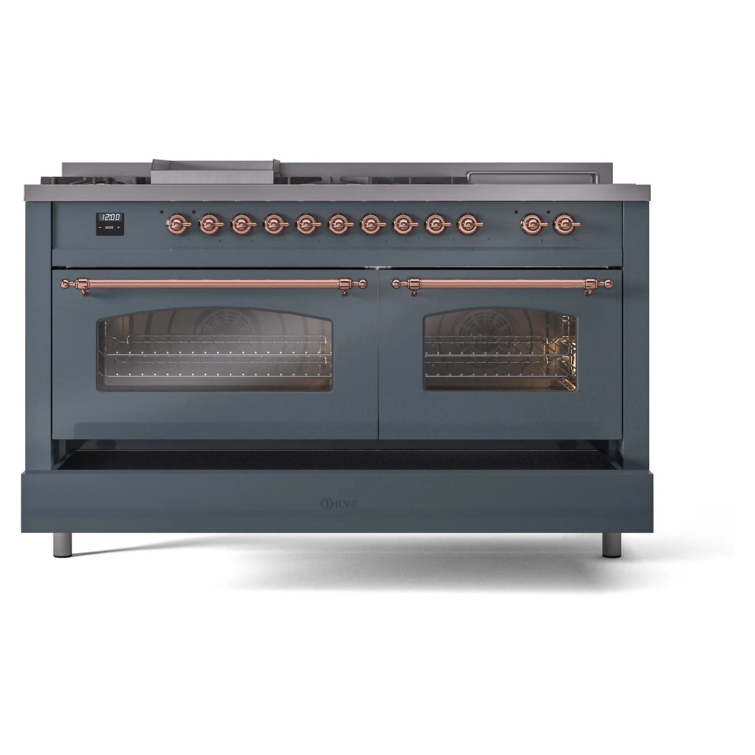 ILVE Nostalgie II 60-Inch Propane Gas Dual Fuel Range with 7 Burners, Griddle, & French Top with Triple Glass Door Oven in Blue Grey with Copper Trim (UP60FSNMPBGPLP) - Image 8